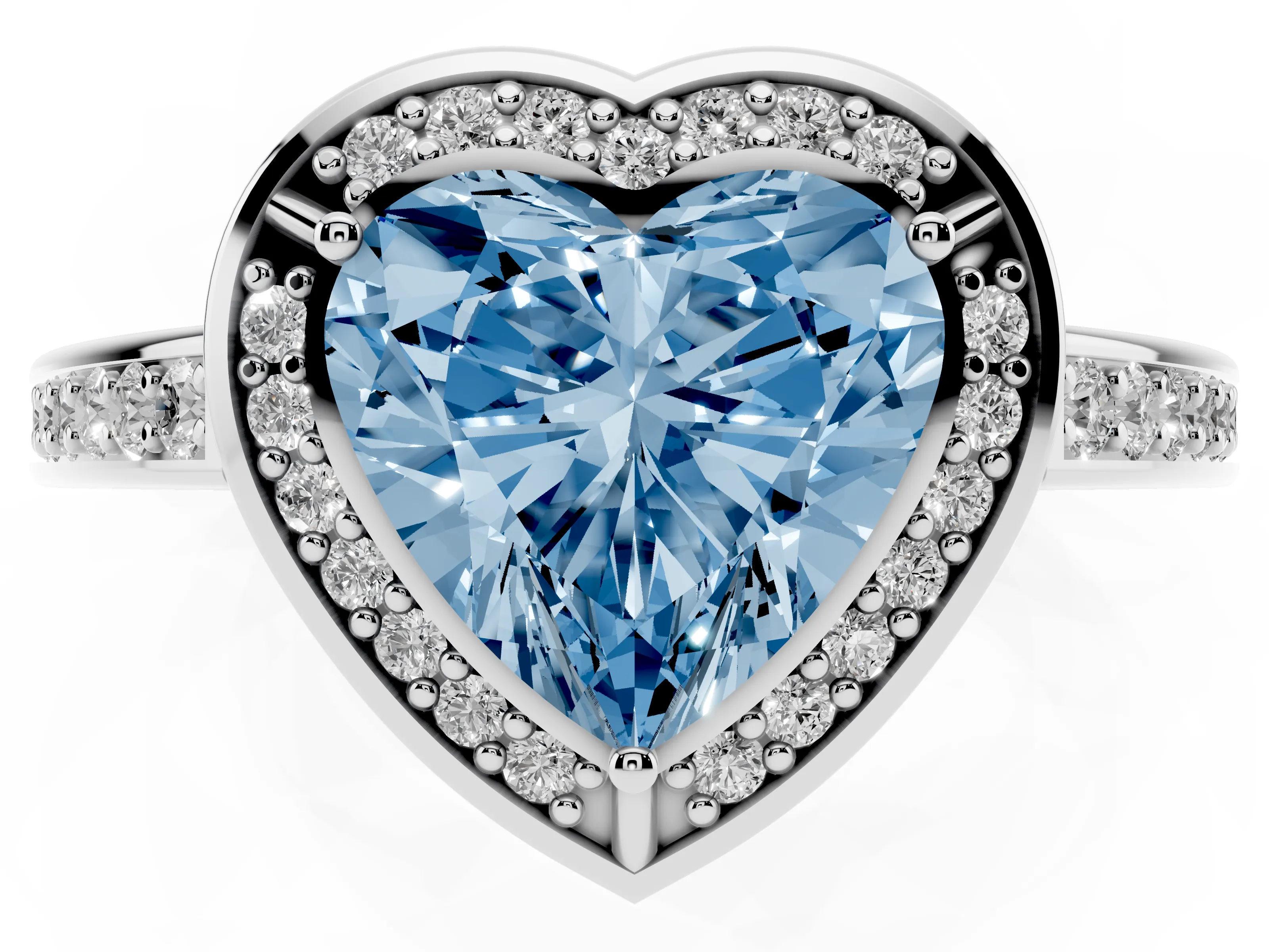 Fancy Blue Heart Cut Diamond Halo Pavé Split Shank Ring Set in White gold with Prong Setting