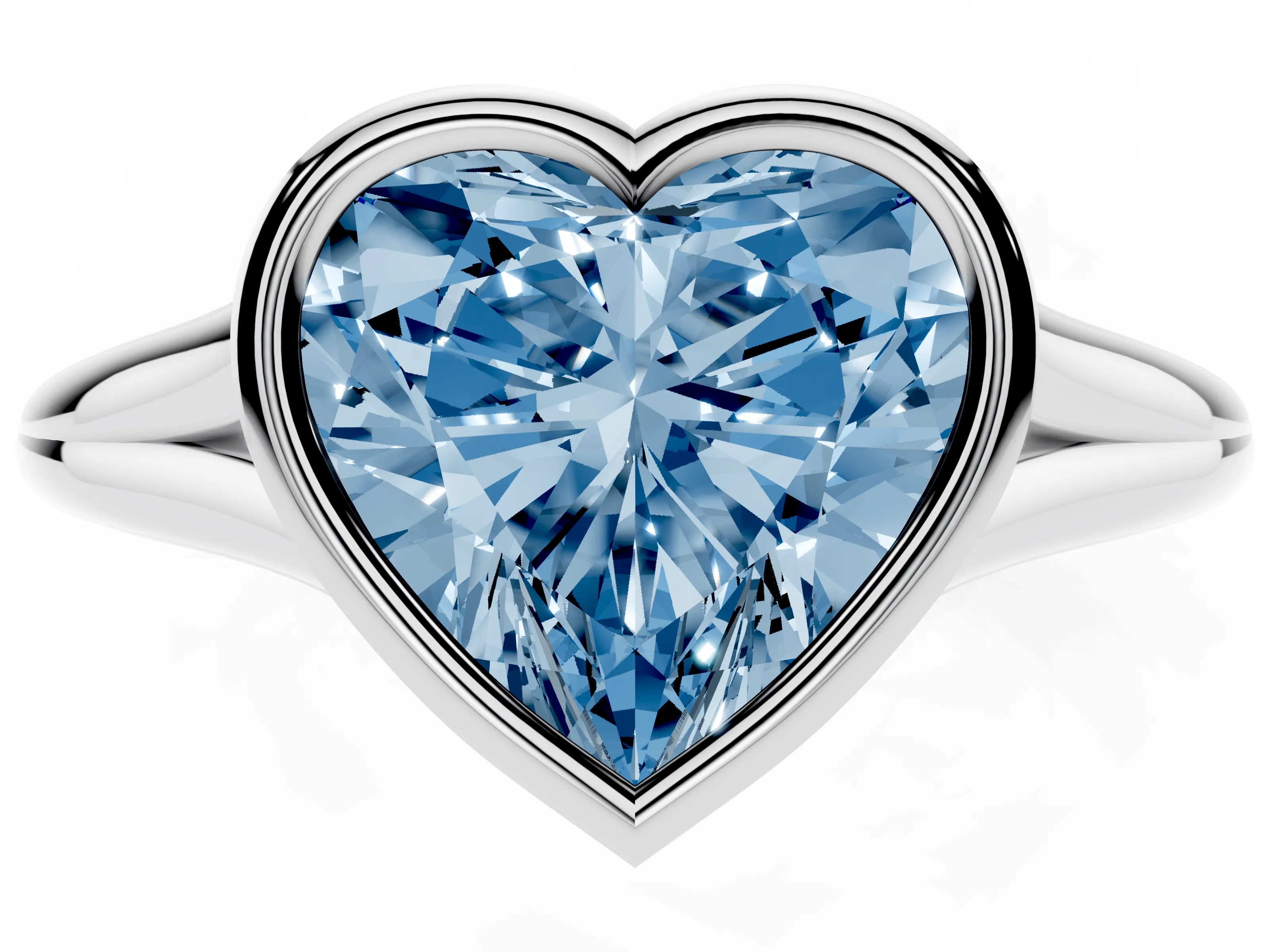 Fancy Blue Bezel Set Heart Cut Diamond Solitaire Ring Set in Platinum with Tapered Band