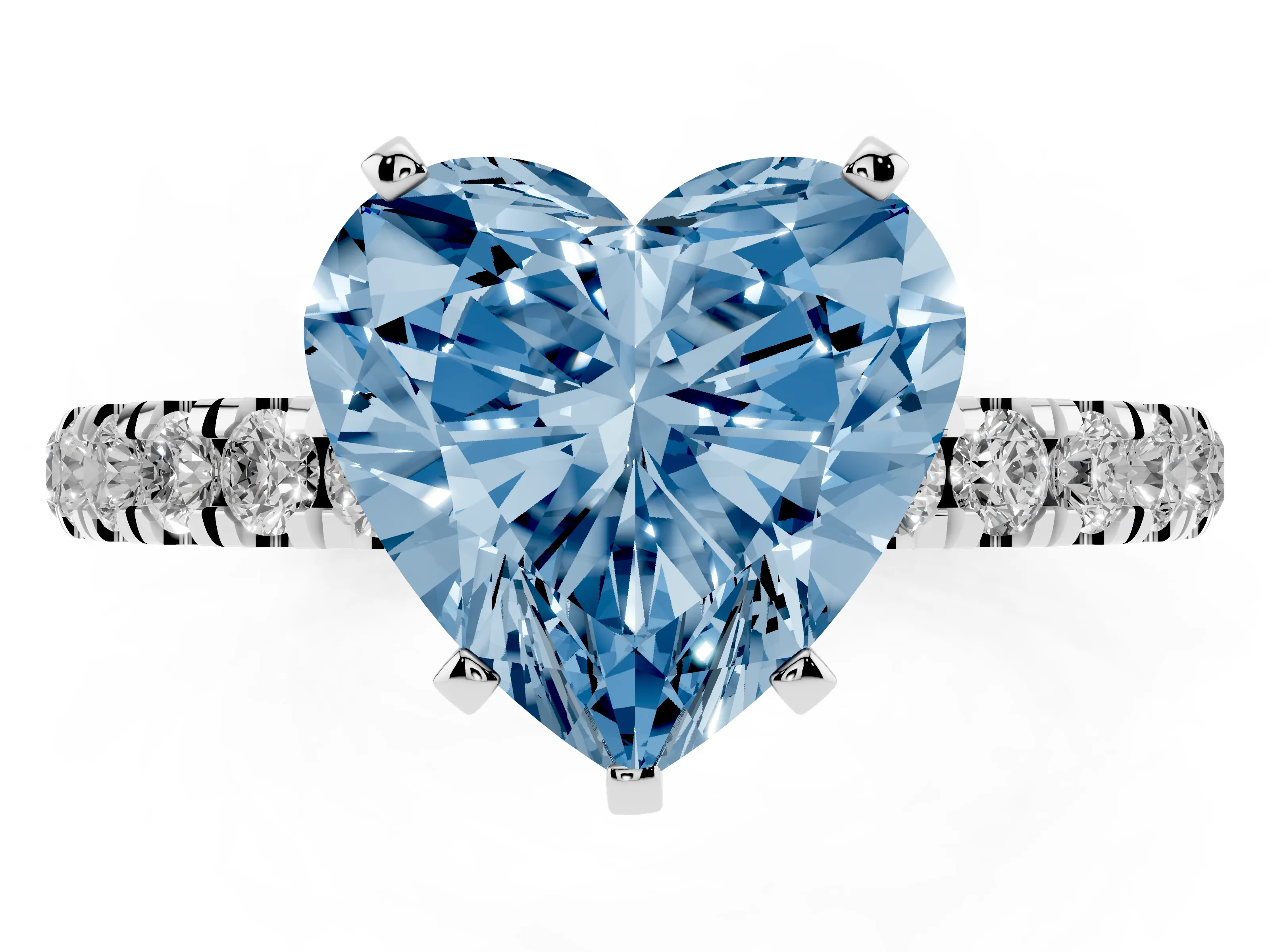 Fancy Blue Heart Cut Diamond Solitaire Ring Set in White gold with Pavé Accents and Prong Setting
