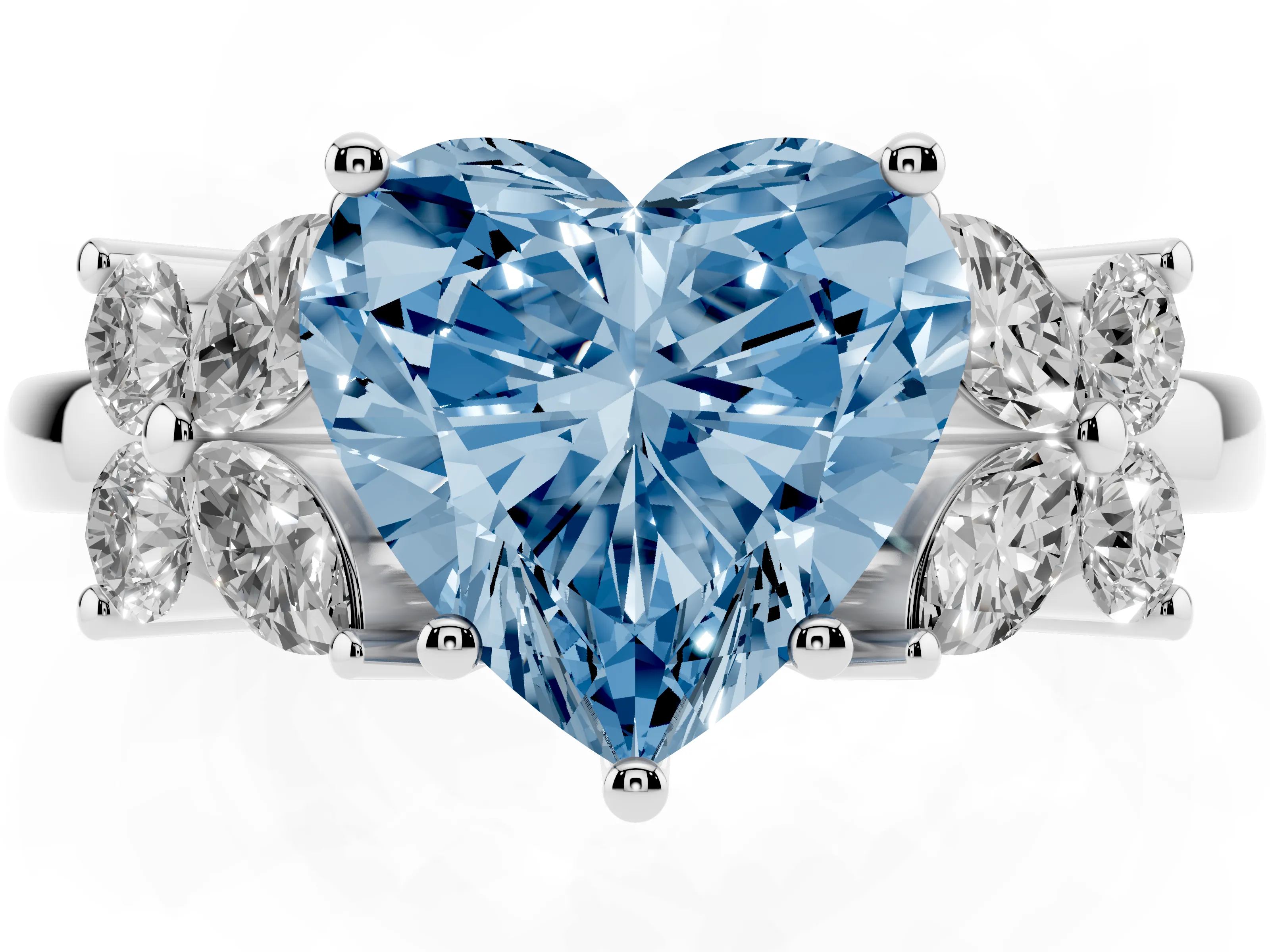 Fancy Blue Heart Cut Diamond Floral Cluster Ring Set in Silver with Marquise Petals and Prong Setting