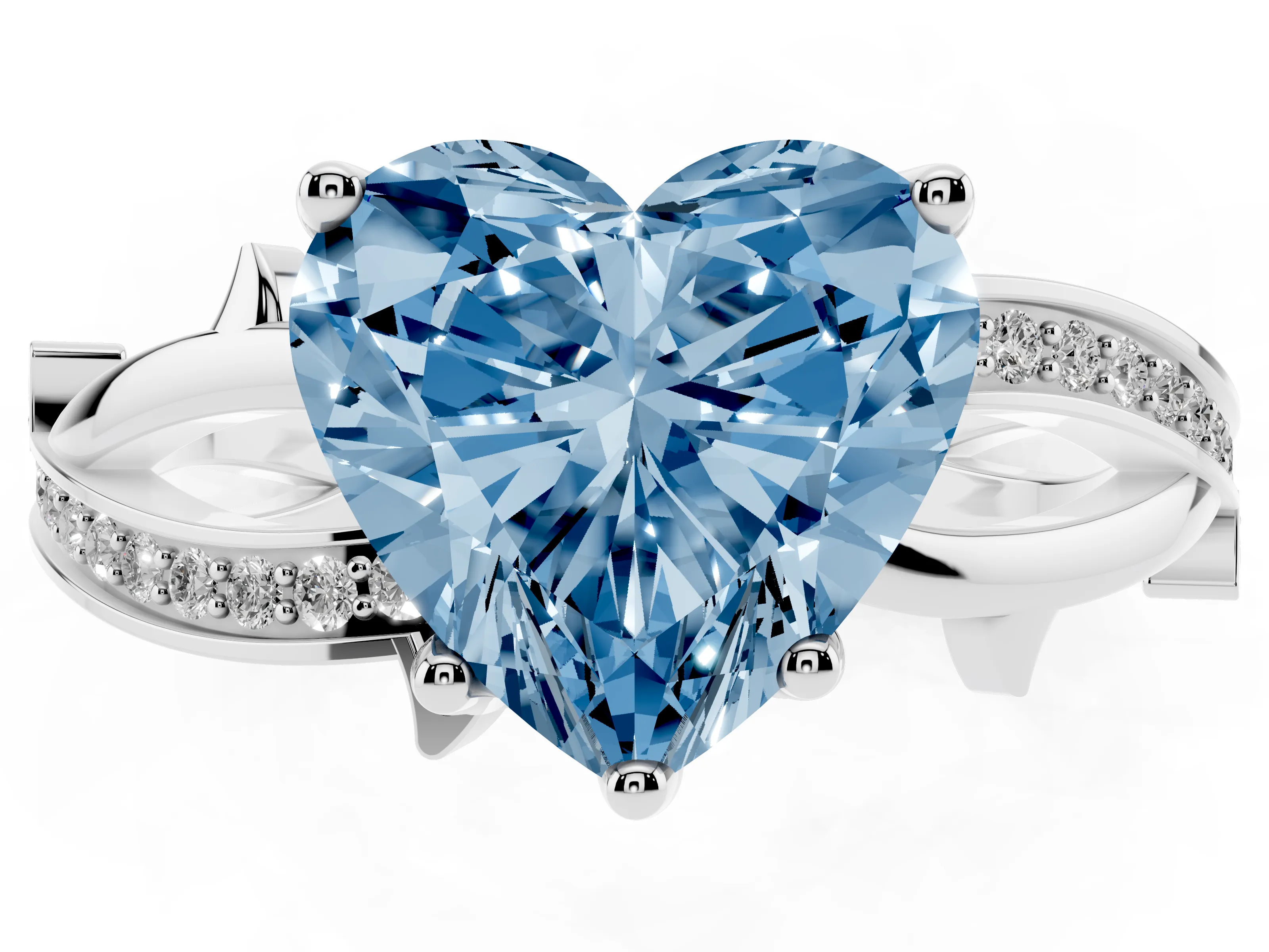 Fancy Blue Heart Cut Diamond Pavé Twist Band Solitaire Ring Set in White gold with Prong Setting