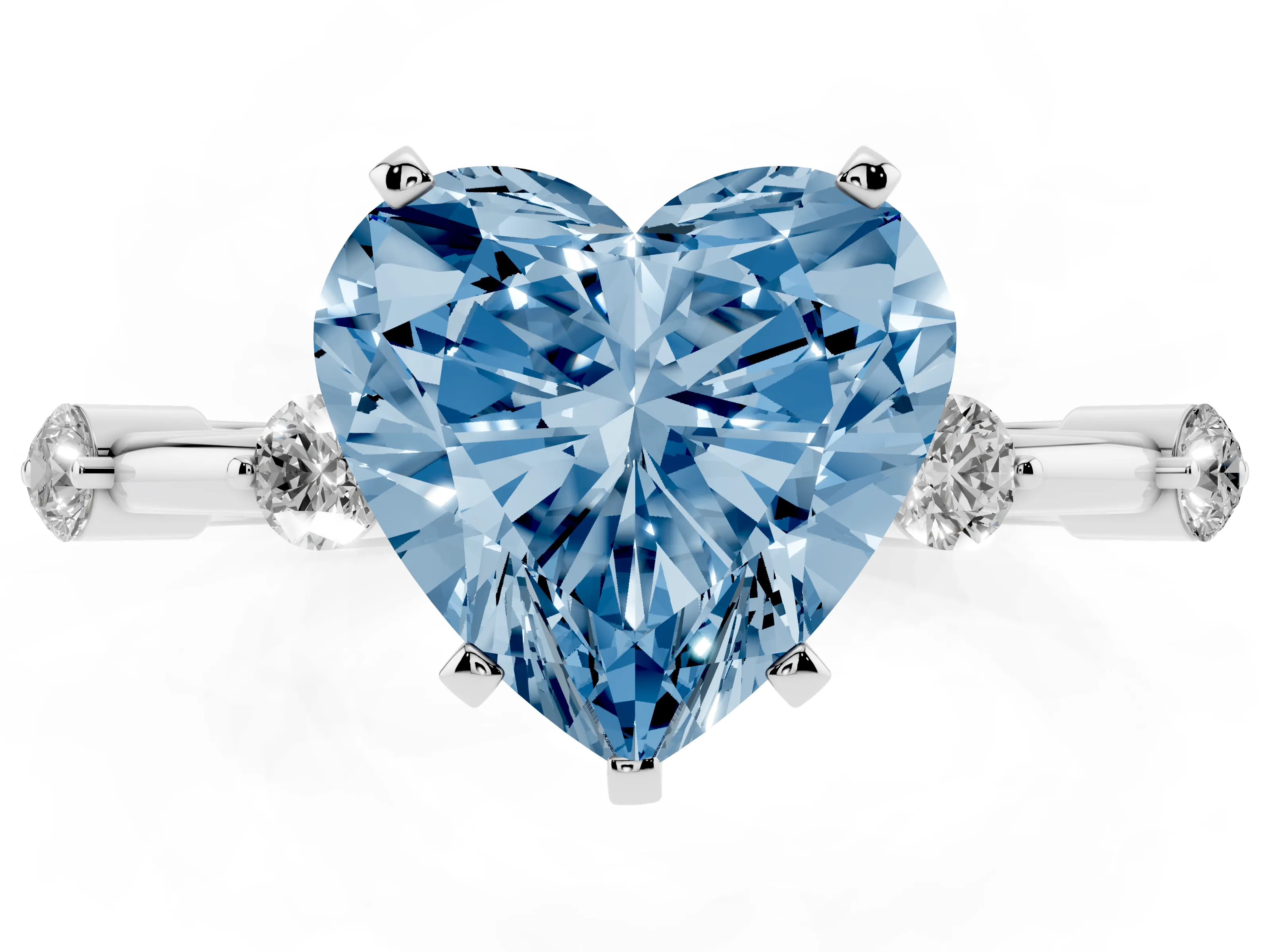 Fancy Blue Heart Cut Diamond Solitaire Ring Set in White gold with Bezel Set Side Stones and Prong Setting