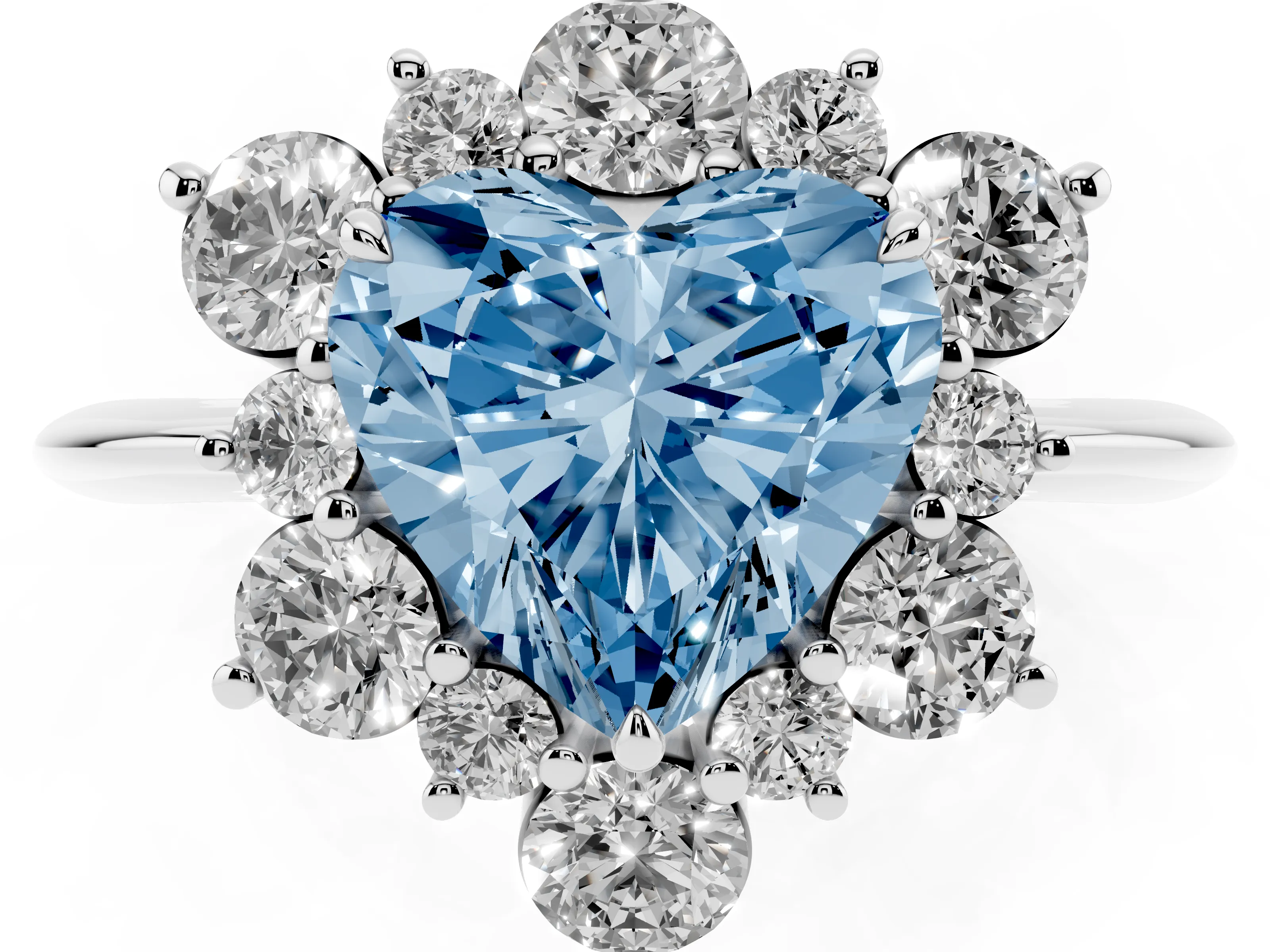 Fancy Blue Heart Cut Diamond Cluster Halo Ring Set in White gold with Solitaire Band and Prong Setting