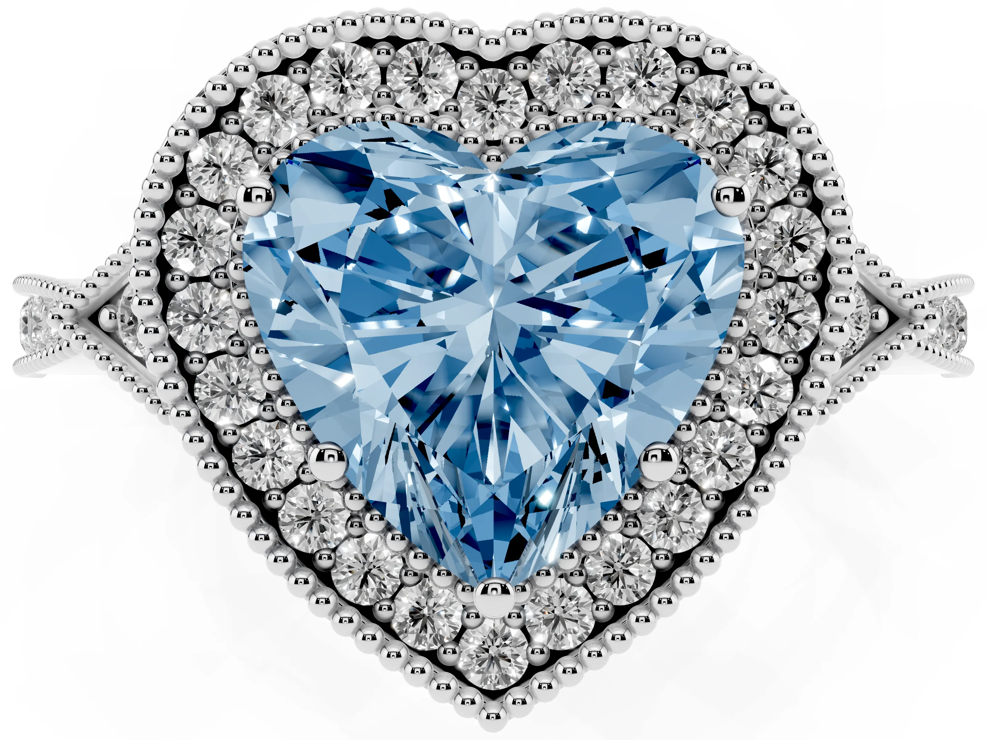 Fancy Blue Heart Cut Diamond Halo Engagement Ring Set in Platinum with Milgrain Pavé Band