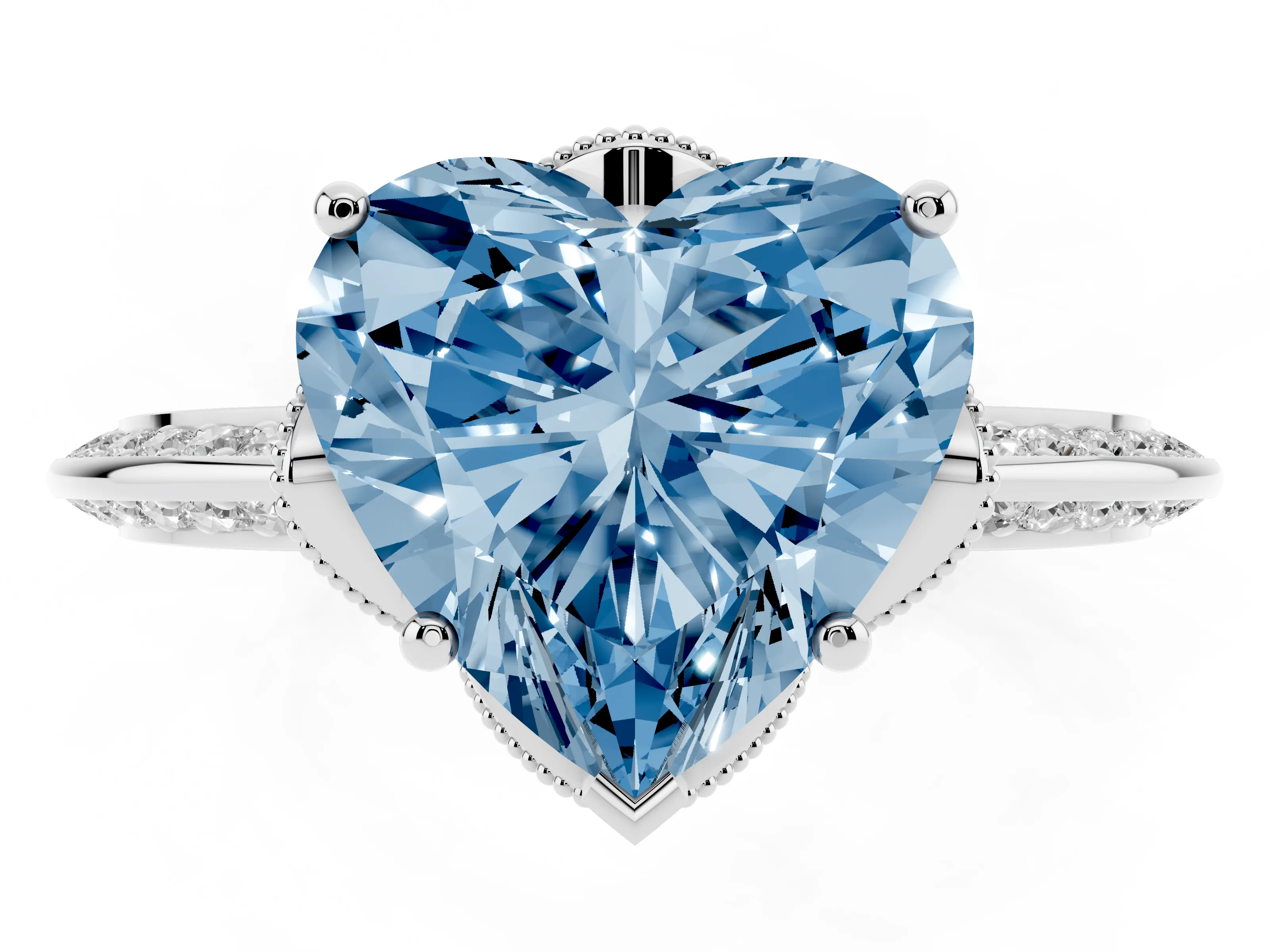 Fancy Blue Heart Cut Diamond Solitaire Engagement Ring Set in Platinum with Pavé Split Shank and Prong Setting