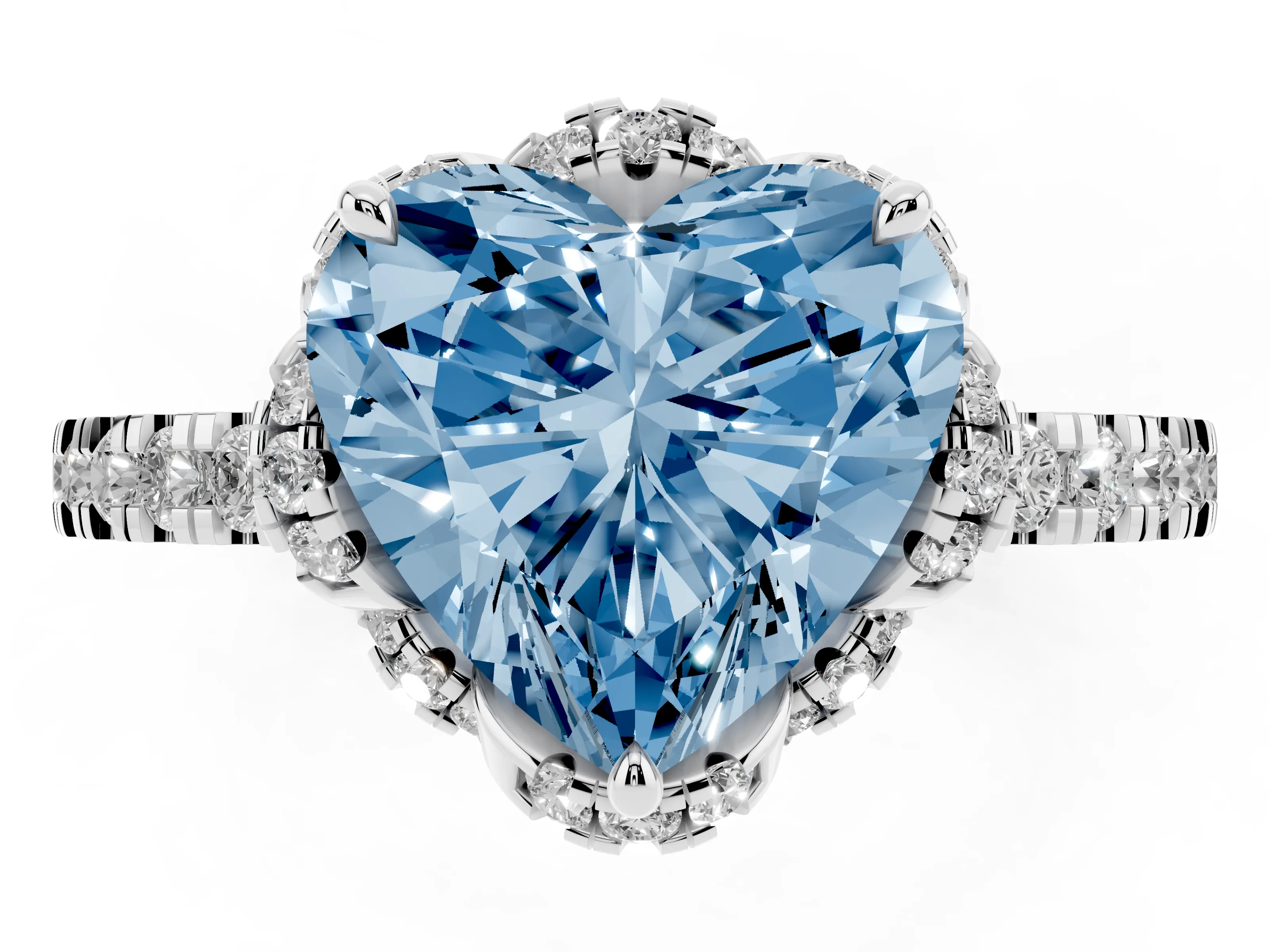 Fancy Blue Heart Cut Diamond Halo Pavé Band Ring Set in White gold with Prong-Held Center