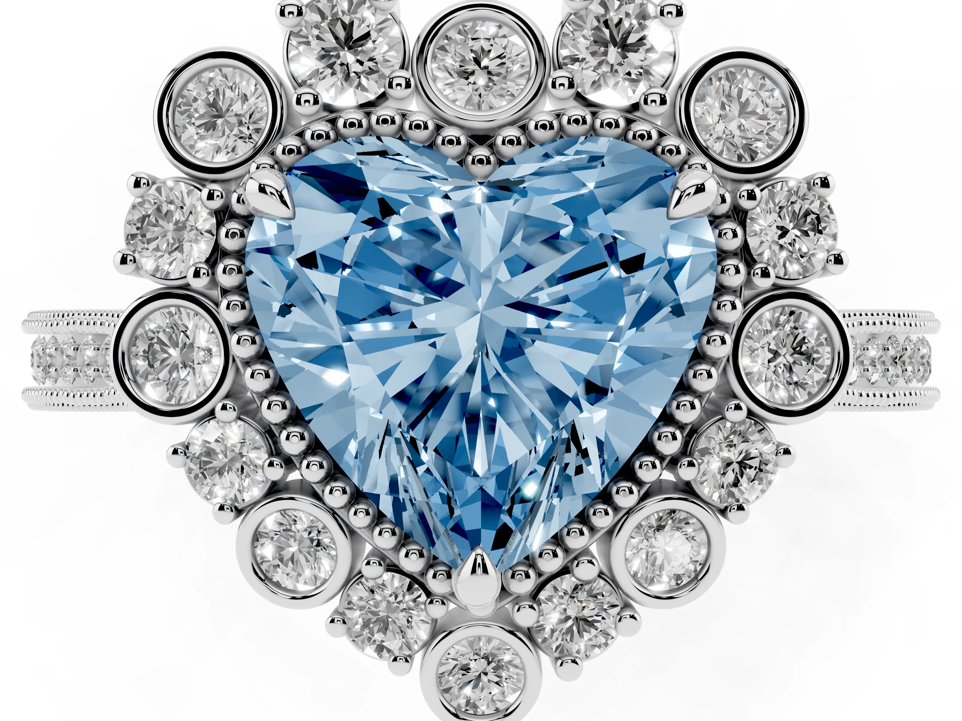 Fancy Blue Heart Cut Diamond Halo Milgrain Pavé Ring Set in White gold with Prong Setting