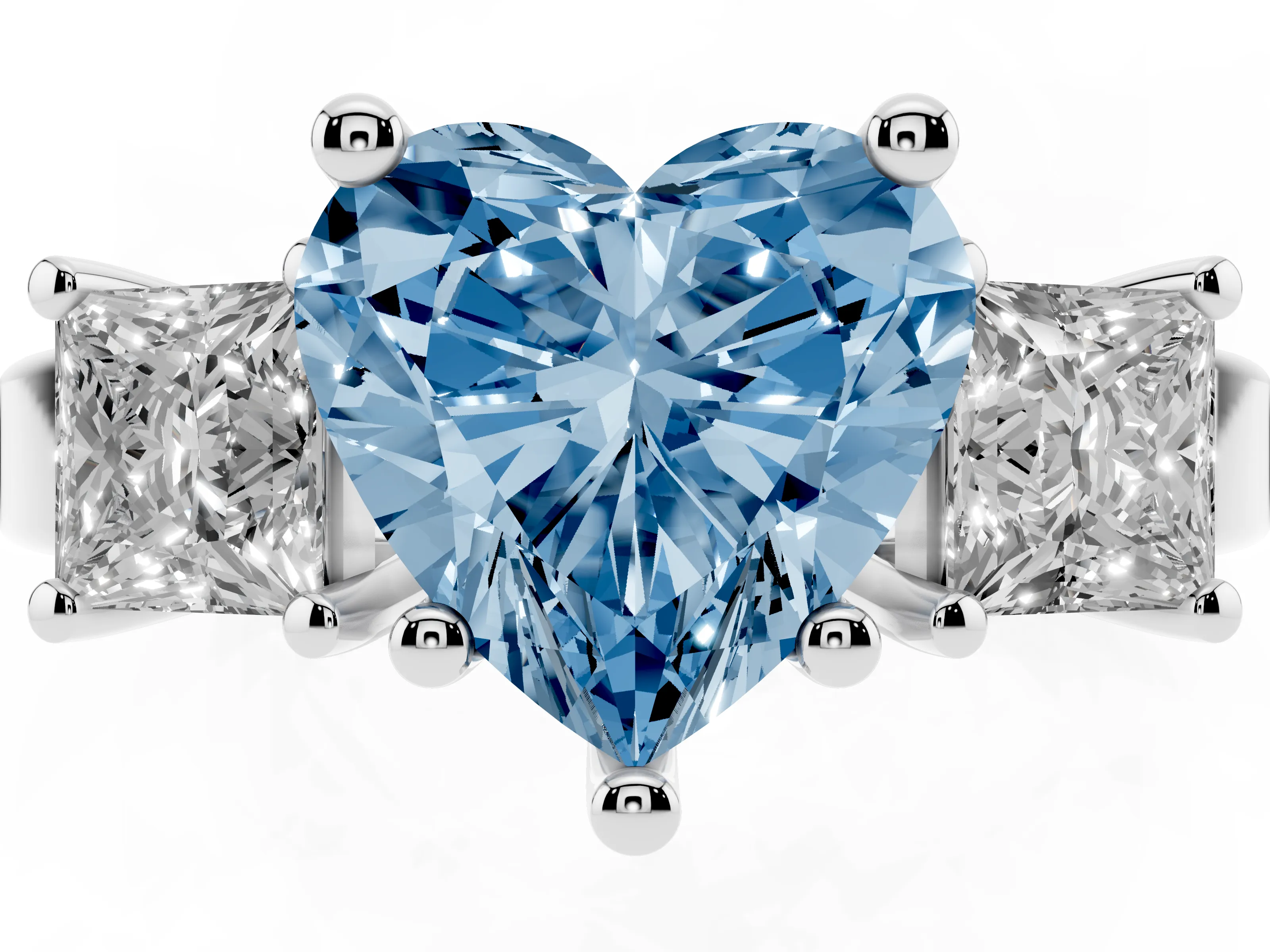 Fancy Blue Three-Stone Heart Cut Diamond Solitaire Ring Set in Silver with Prong Setting
