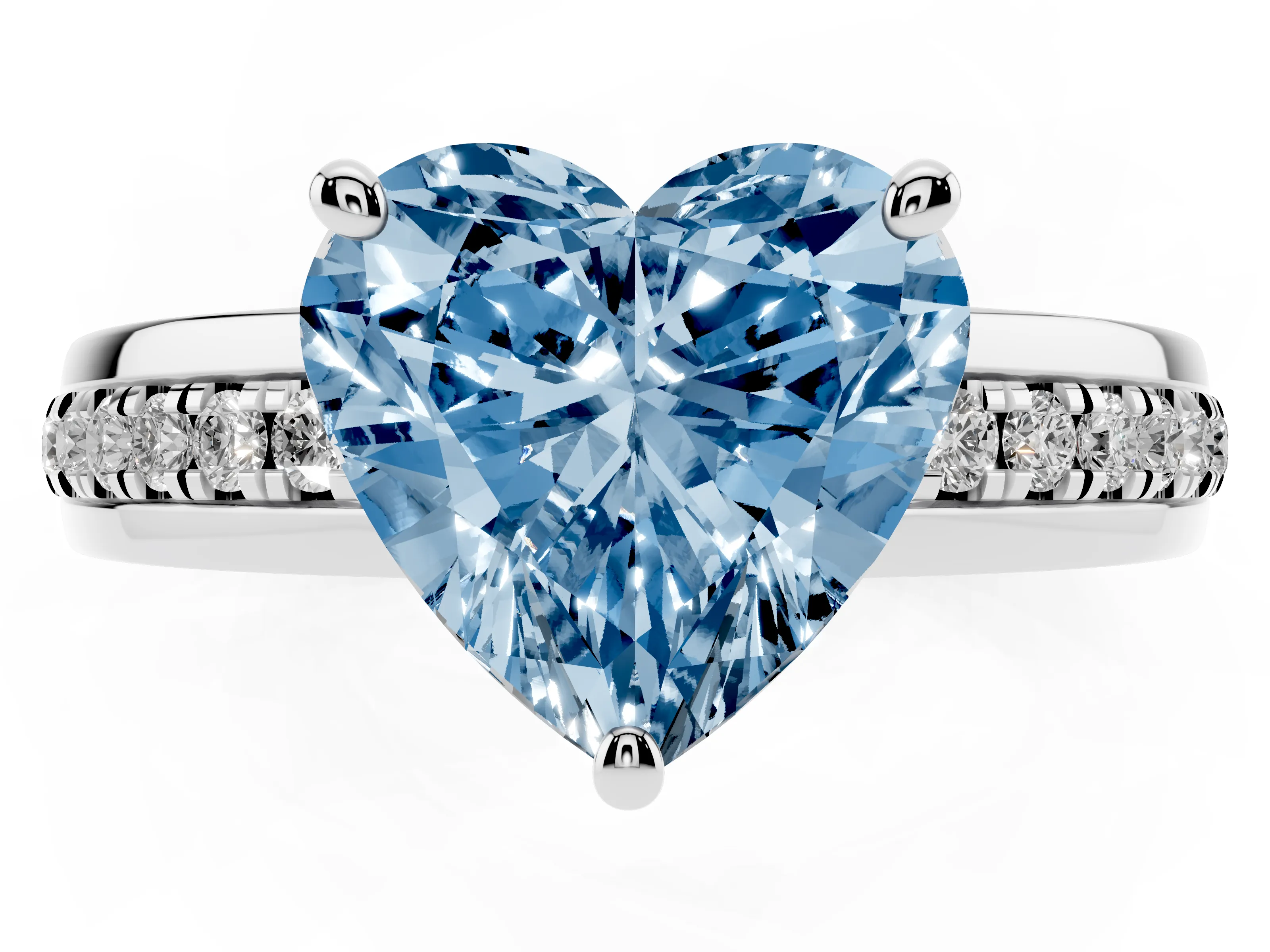Fancy Blue Heart Cut Diamond Solitaire Ring Set in White gold with Channel Set Band and Prong Setting