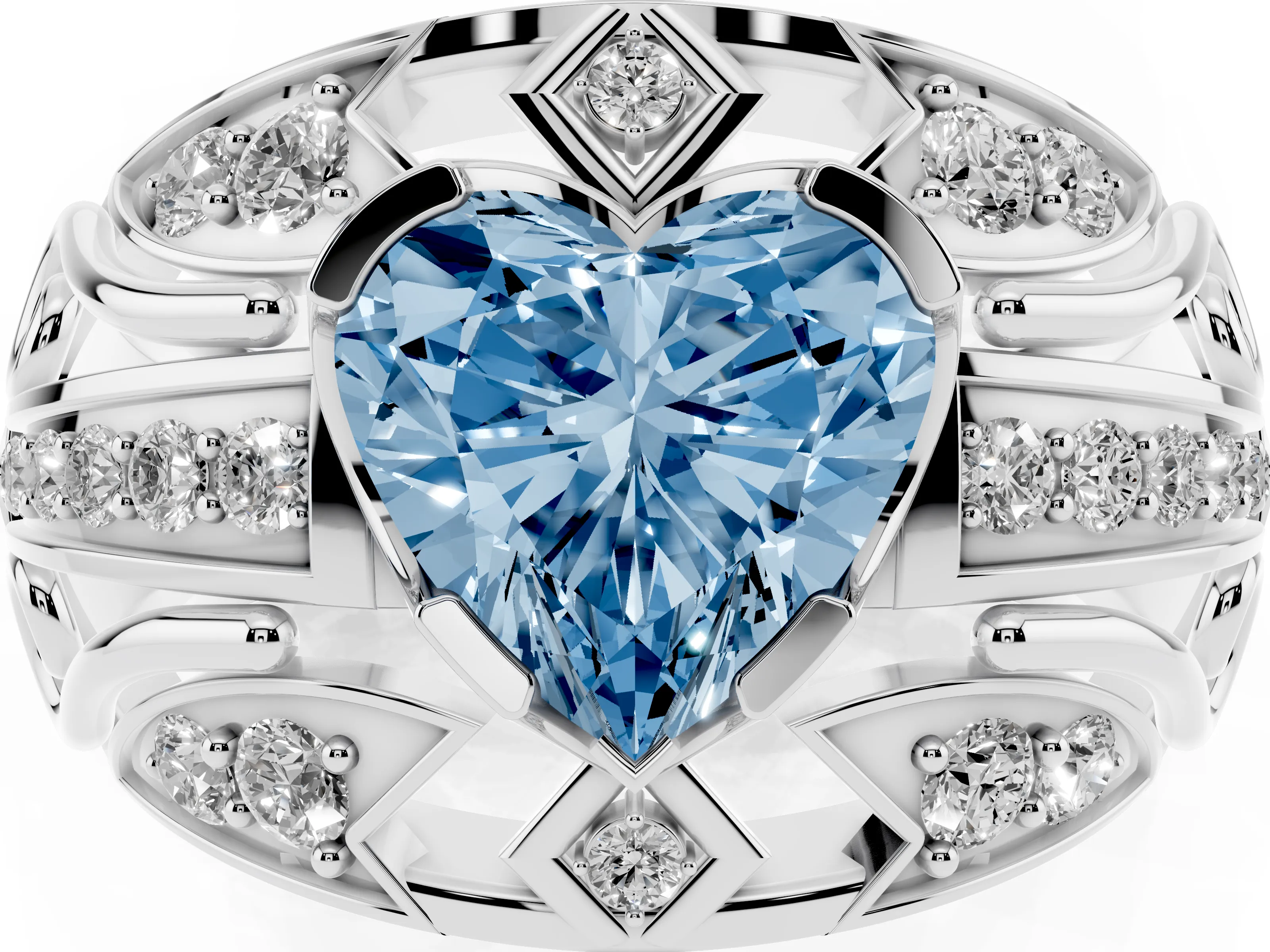 Fancy Blue Heart Cut Diamond Art Deco Ring Set in Platinum with Pavé Split Shank