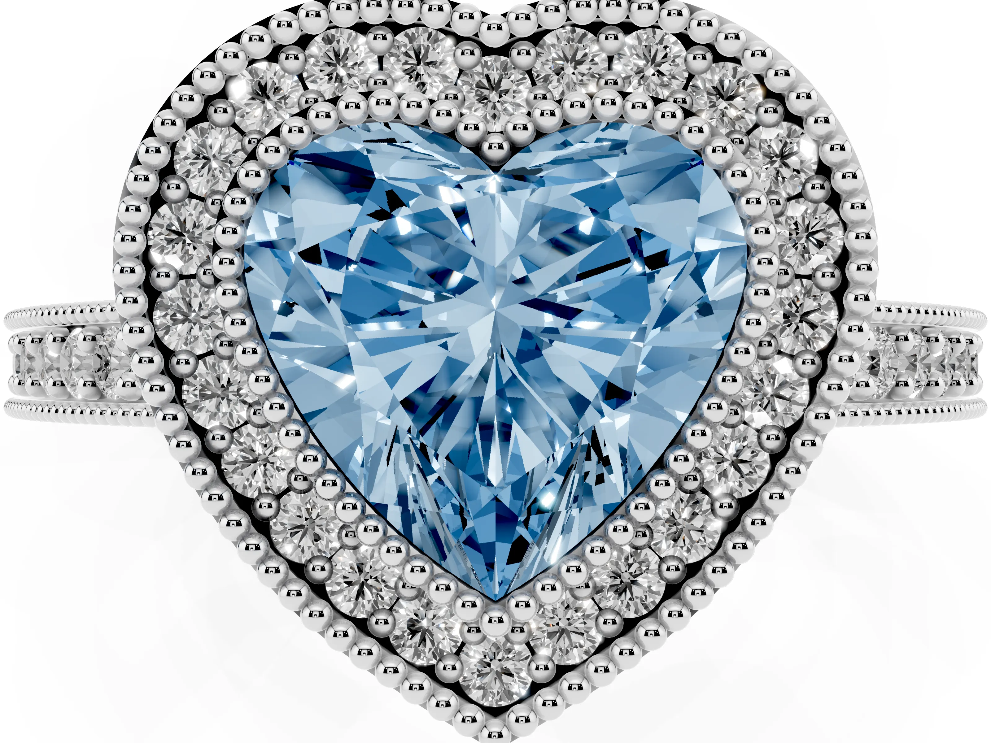 Fancy Blue Heart Cut Diamond Halo Engagement Ring Set in Platinum with Pavé Band and Round Halo Stones