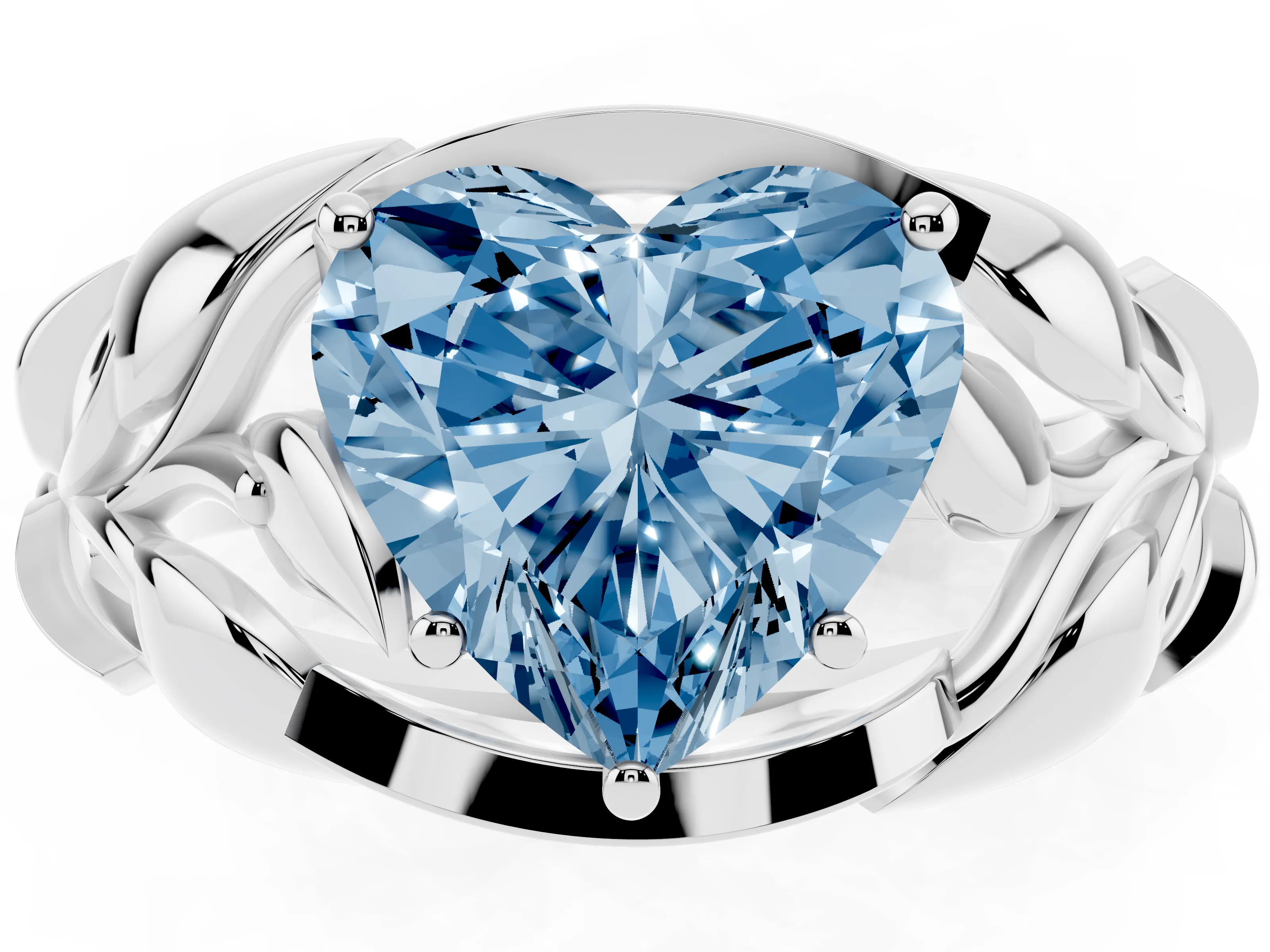 Fancy Blue Heart Cut Diamond Leaf-Inspired Engagement Ring Set in Silver with Round Accents
