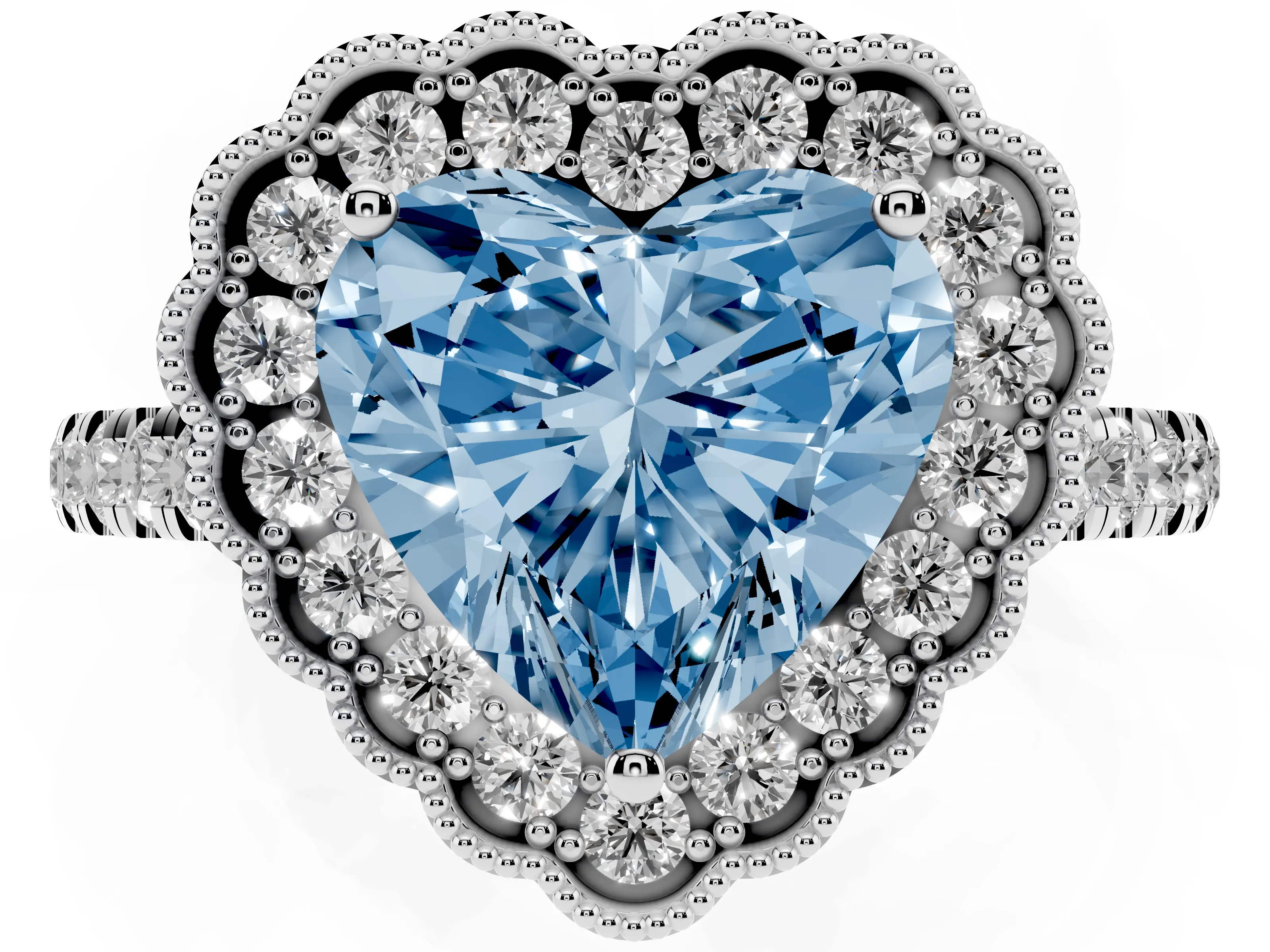 Fancy Blue Heart Cut Diamond Milgrain Floral Halo Engagement Ring Set in Platinum with Pavé Band