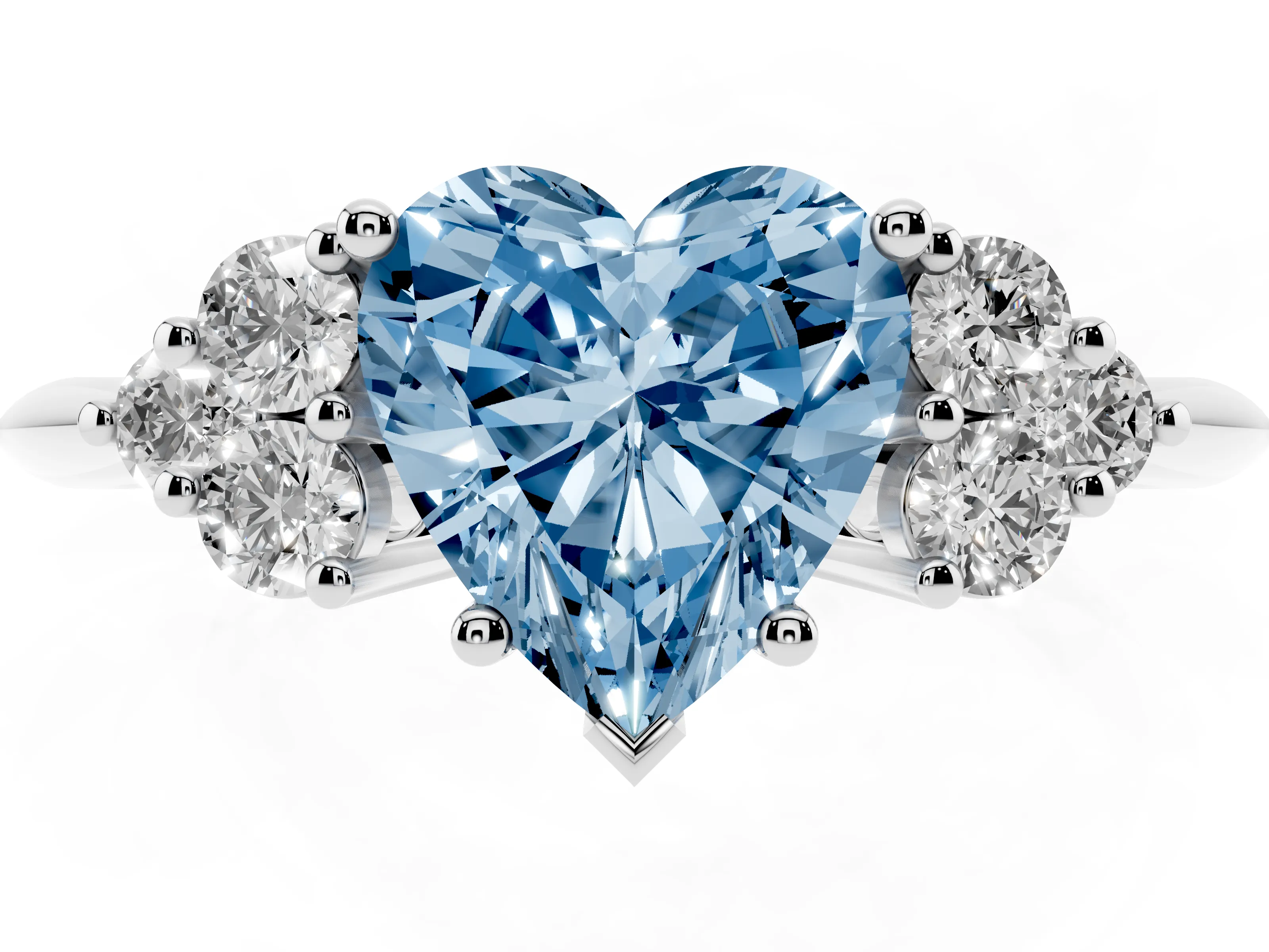 Fancy Blue Heart Cut Diamond Cluster Ring Set in Silver with Plain Band and Prong Setting