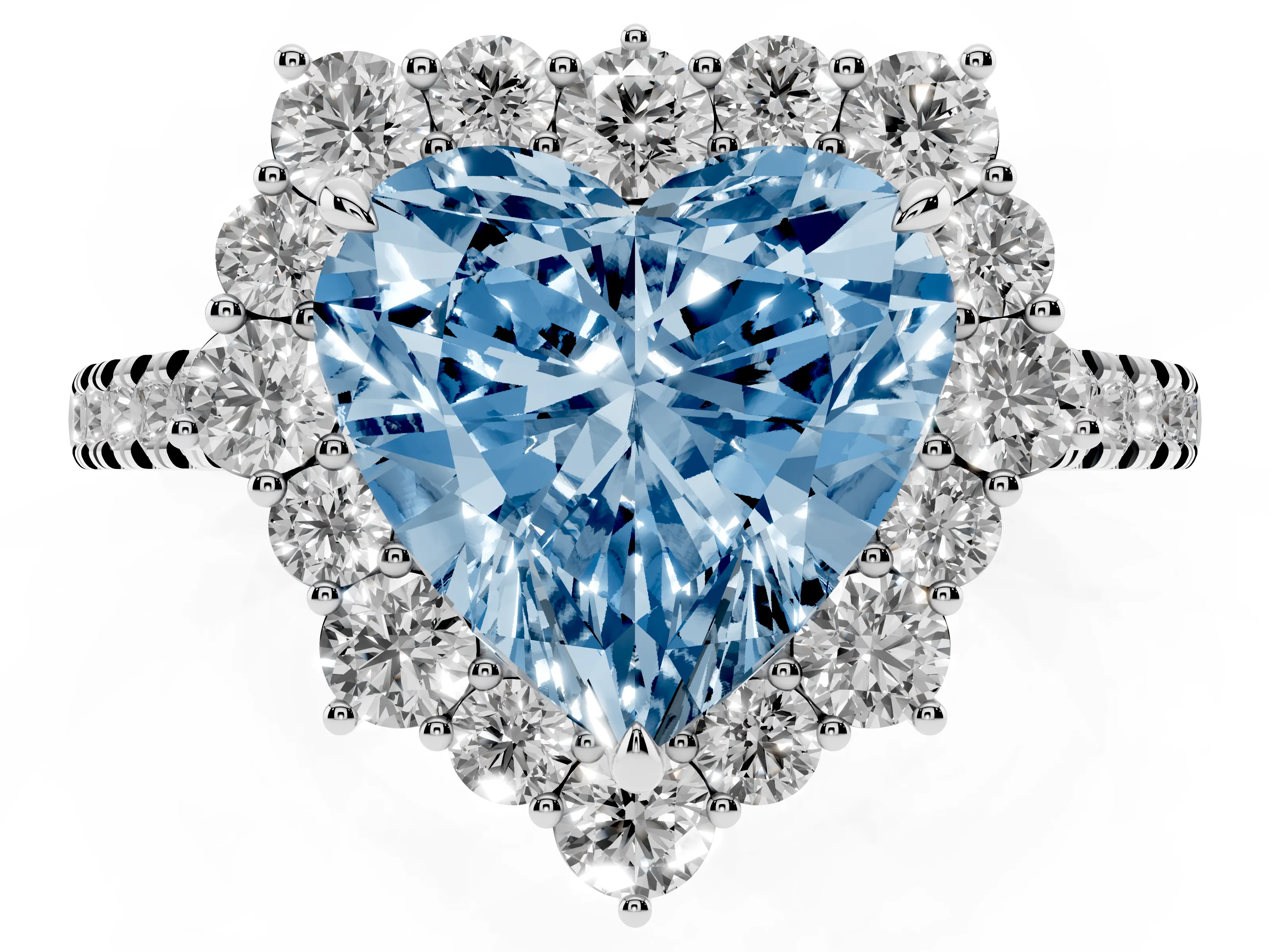 Fancy Blue Heart Cut Diamond Halo Ring Set in Silver with Pavé Band and Prong Setting