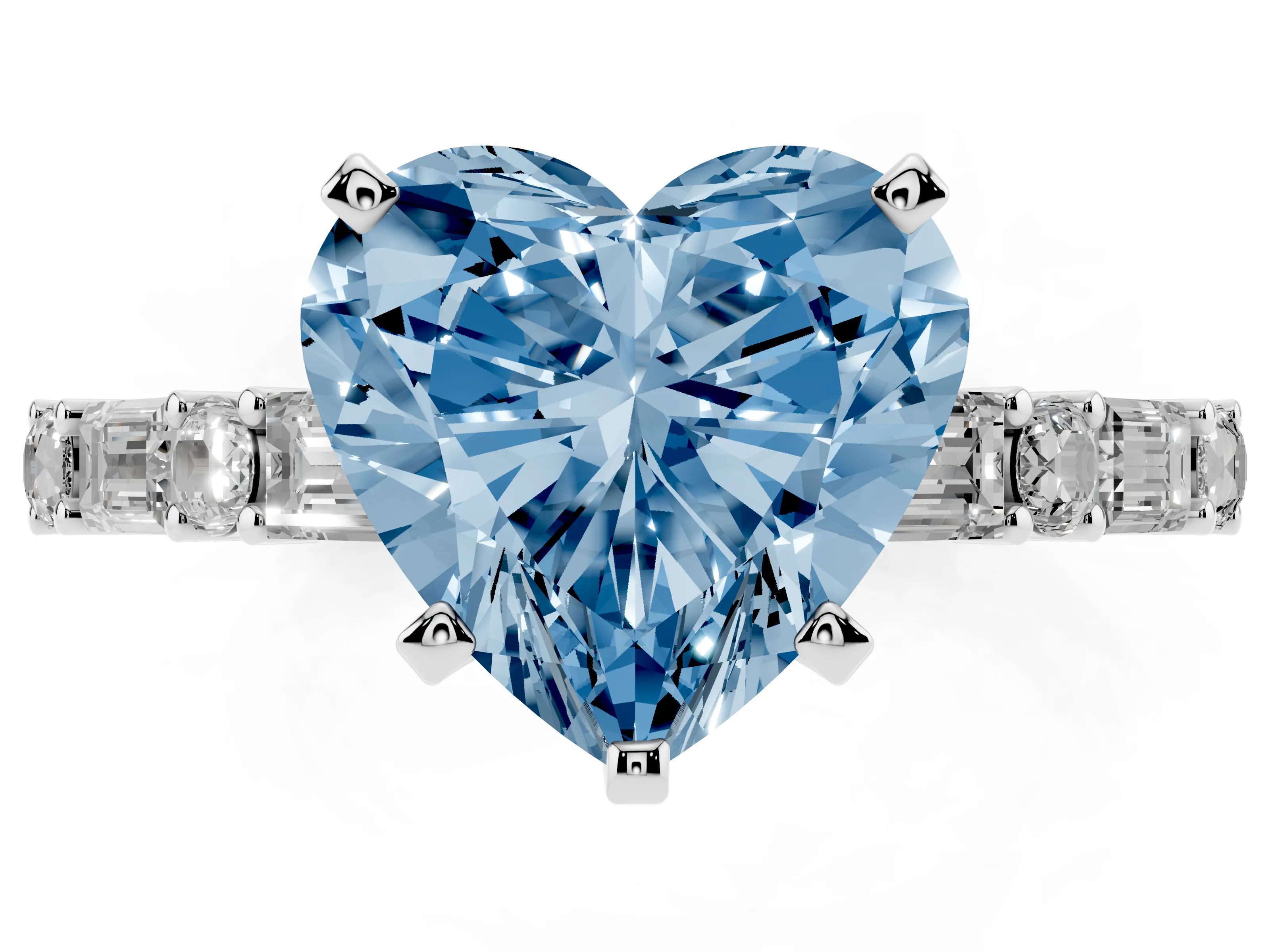Fancy Blue Heart Cut Diamond Solitaire Set in Platinum with Side Baguettes and Channel Set Band