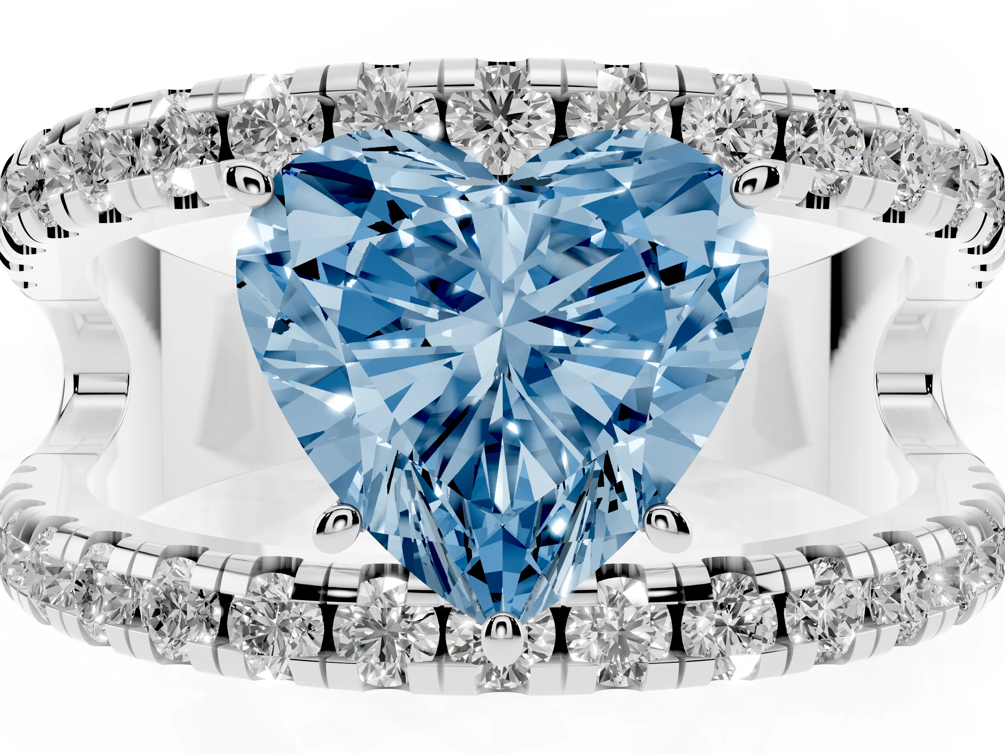 Fancy Blue Heart Cut Diamond Split Shank Pavé Solitaire Ring Set in Platinum with Open Shank Design