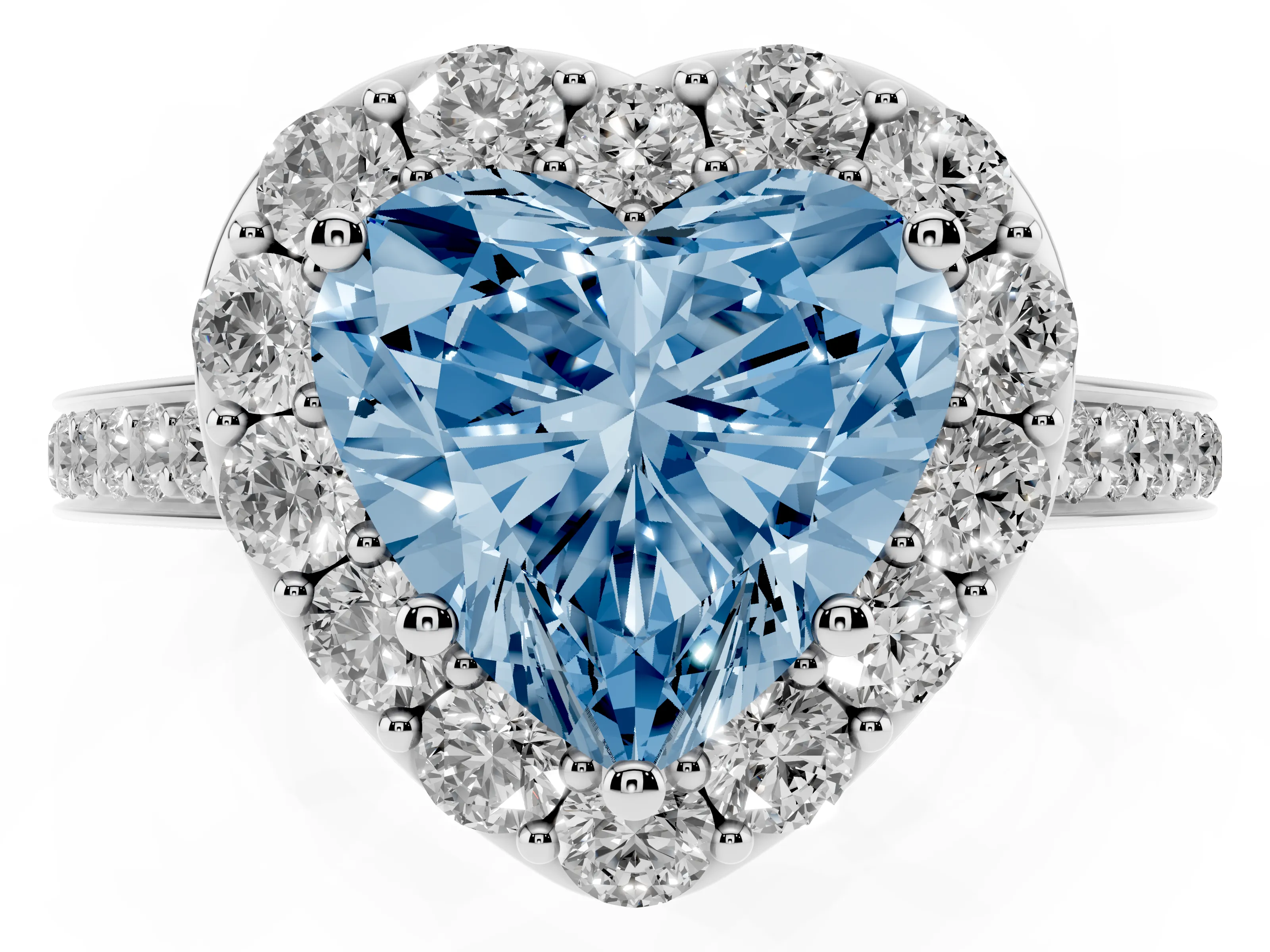 Fancy Blue Heart Cut Diamond Floral Halo Ring Set in Platinum with Pavé Band and Prong Setting
