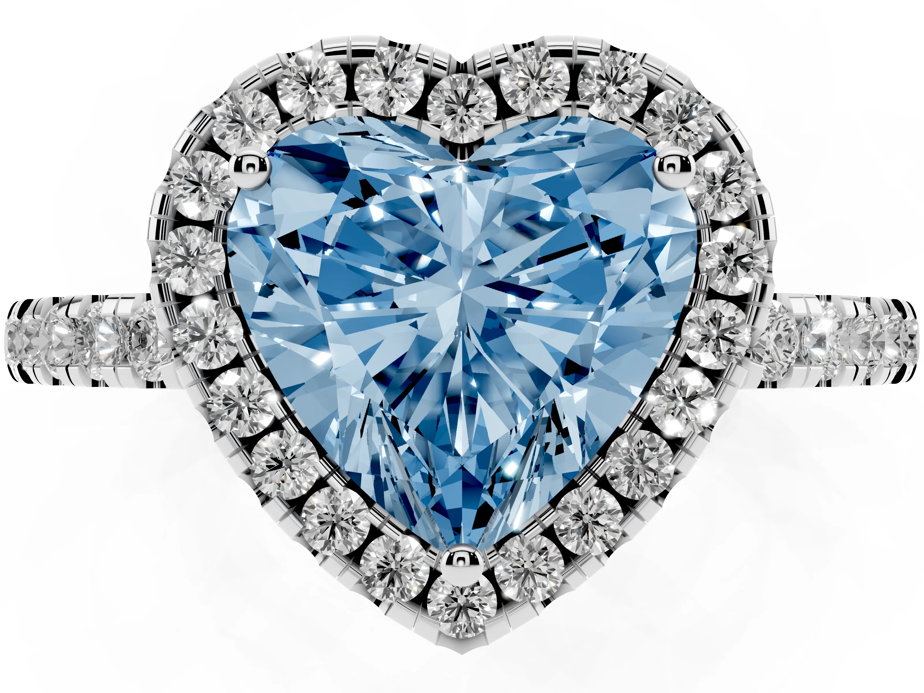Fancy Blue Heart Cut Diamond Pavé Band Halo Engagement Ring Set in White gold with Prong Setting