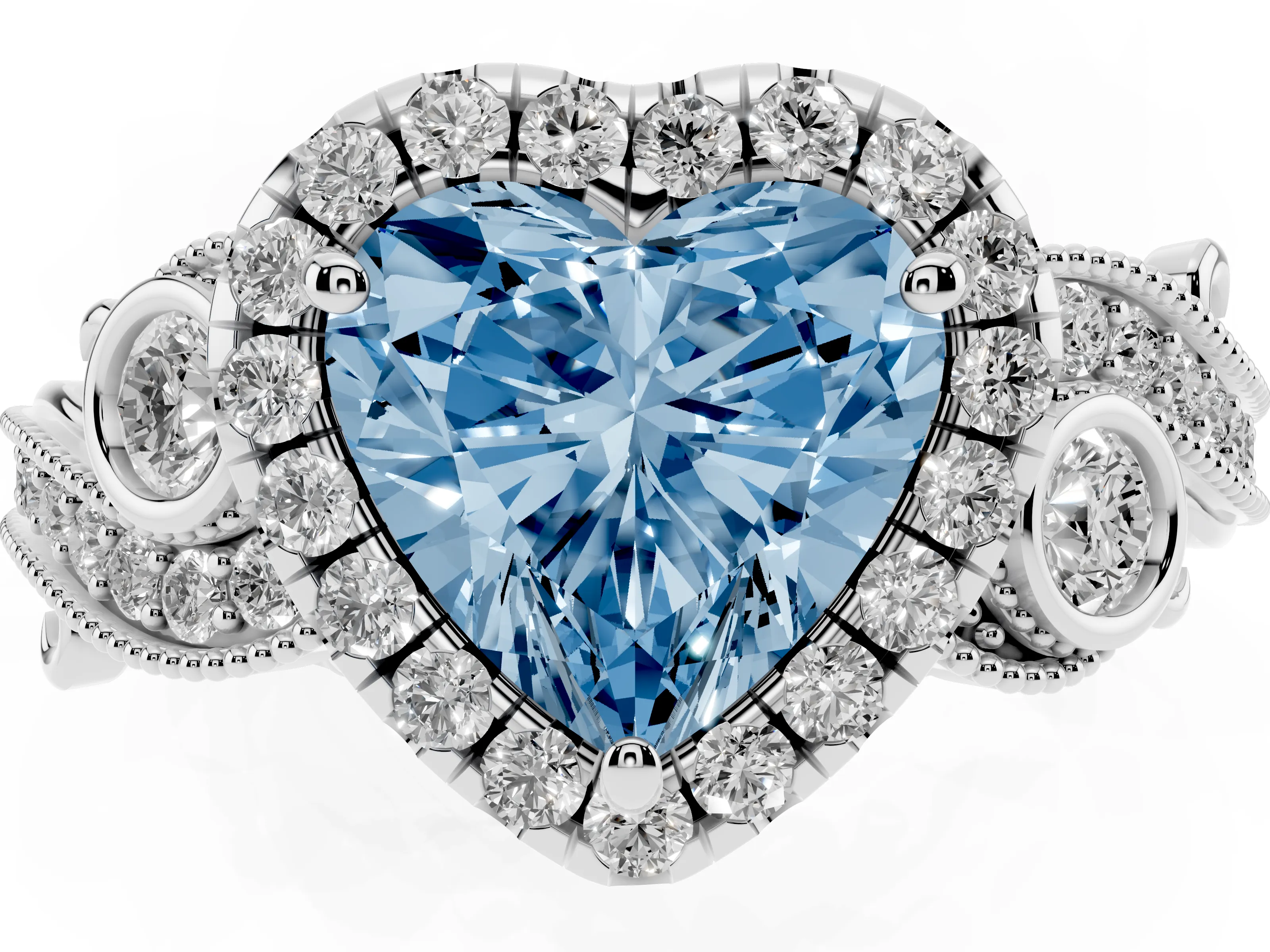 Fancy Blue Heart Cut Diamond Halo Ring Set in White gold with Milgrain Pavé Band and Prong Setting