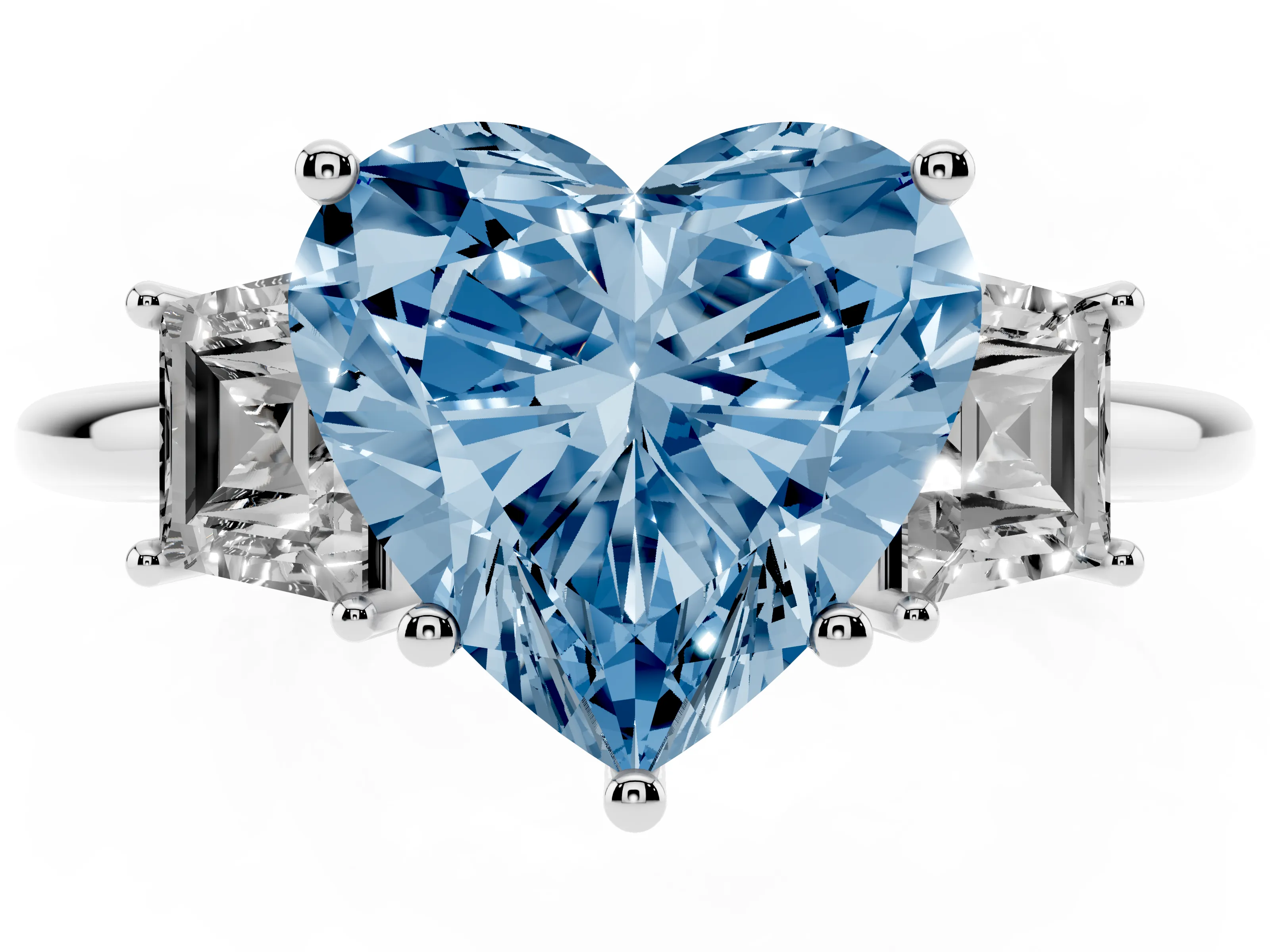 Fancy Blue Heart Cut Diamond Three-Stone Ring Set in Silver with Trapezoid Side Stones and Prong Setting
