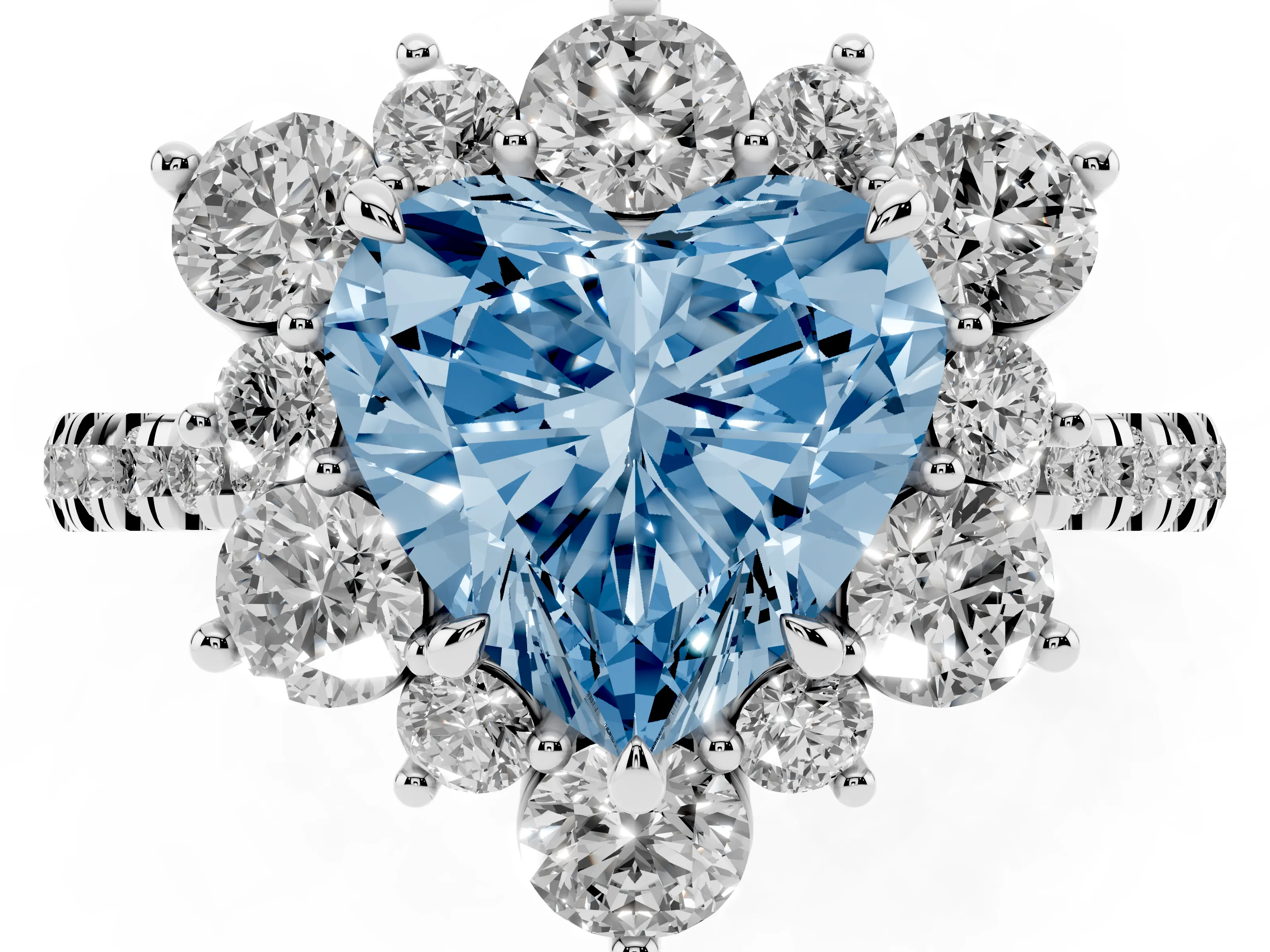 Fancy Blue Heart Cut Diamond Floral Halo Ring Set in White gold with Round Pavé Band and Prong Setting