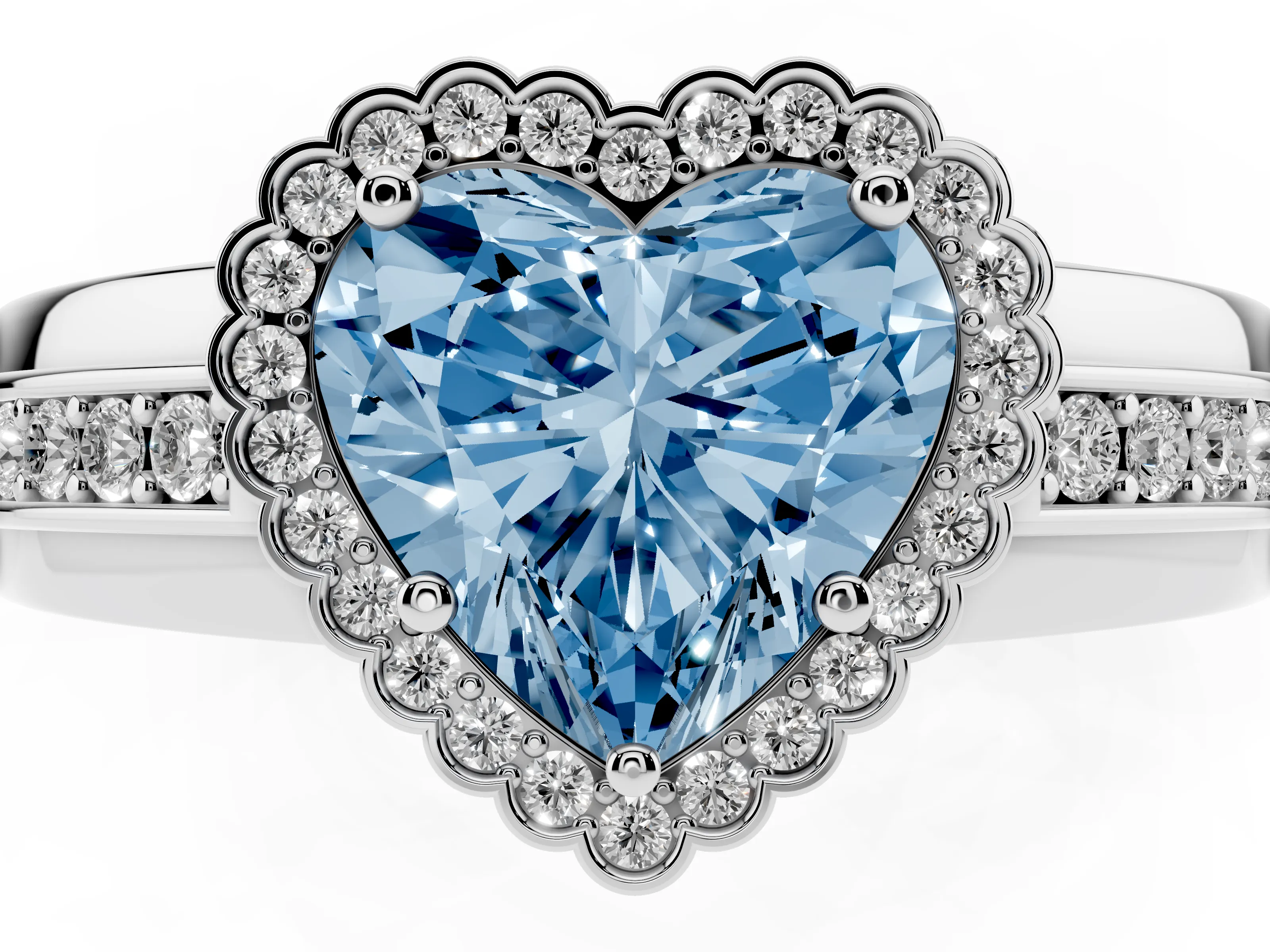 Fancy Blue Heart Cut Diamond Halo Prong Ring Set in Platinum with Pavé Band