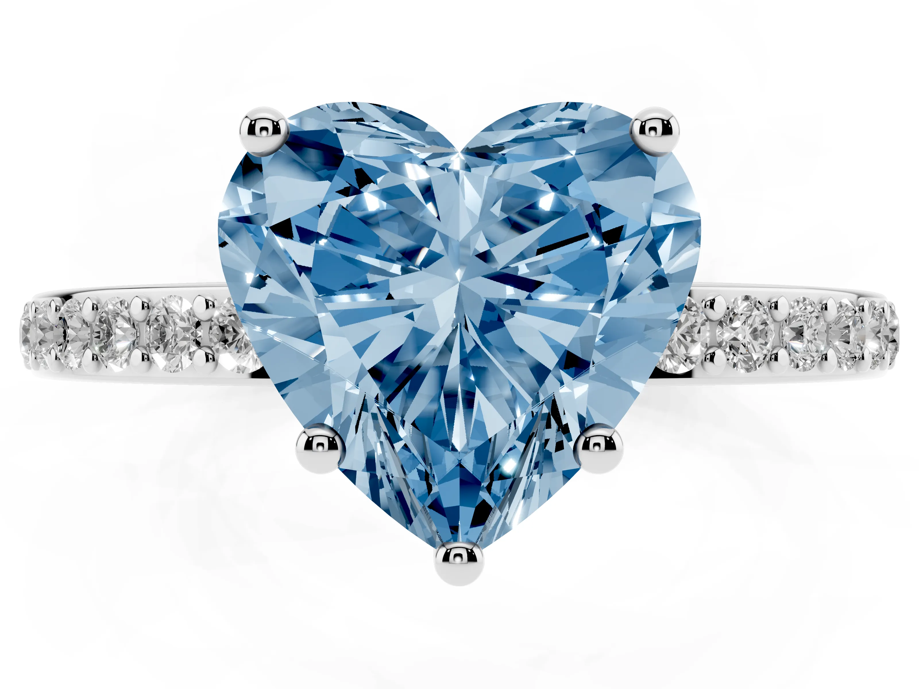 Fancy Blue Heart Cut Diamond Pavé Band Ring Set in White gold with Prong-Set Center Stone
