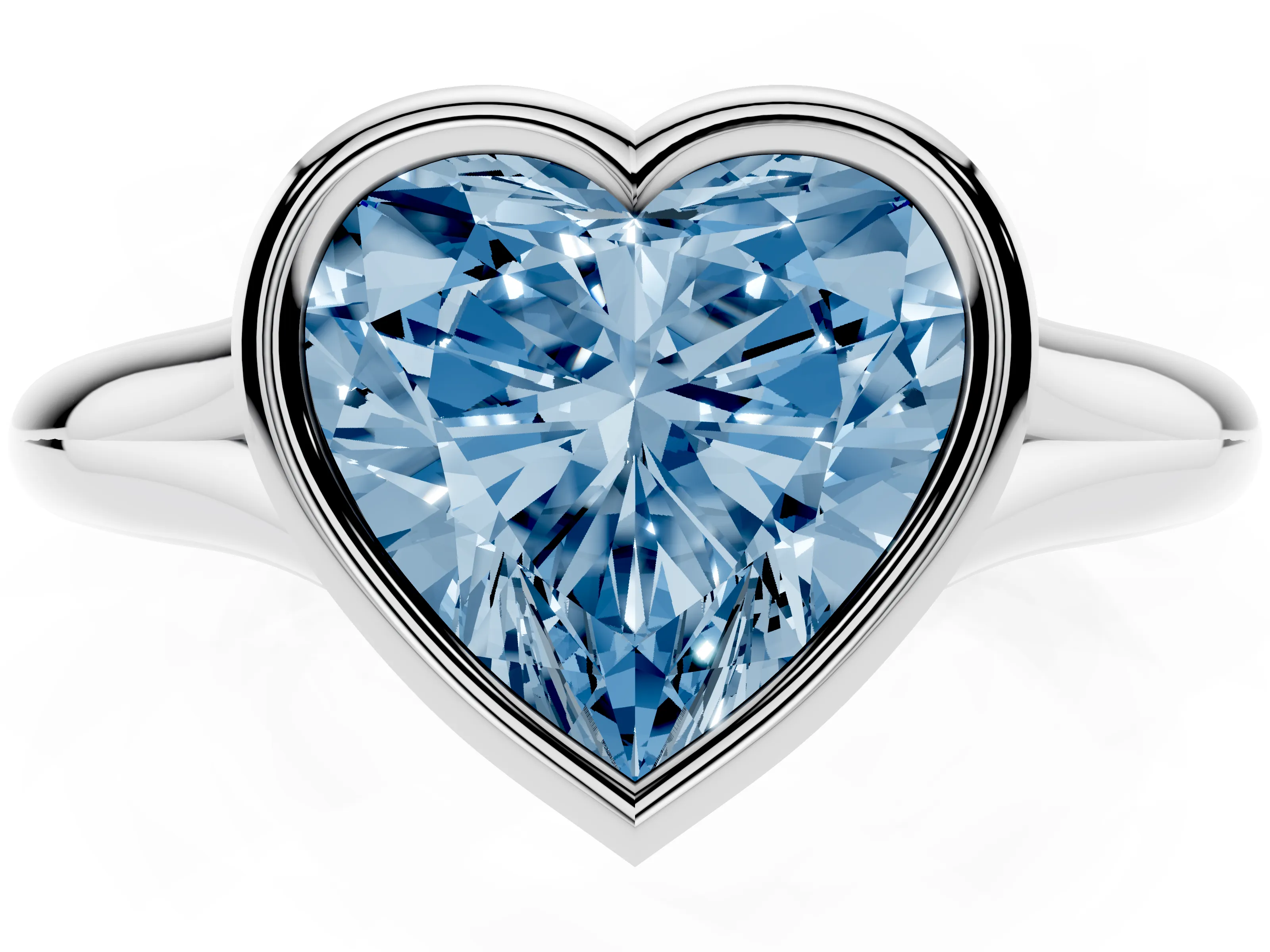 Fancy Blue Bezel Set Heart Cut Diamond Solitaire Ring Set in White gold with Smooth Band