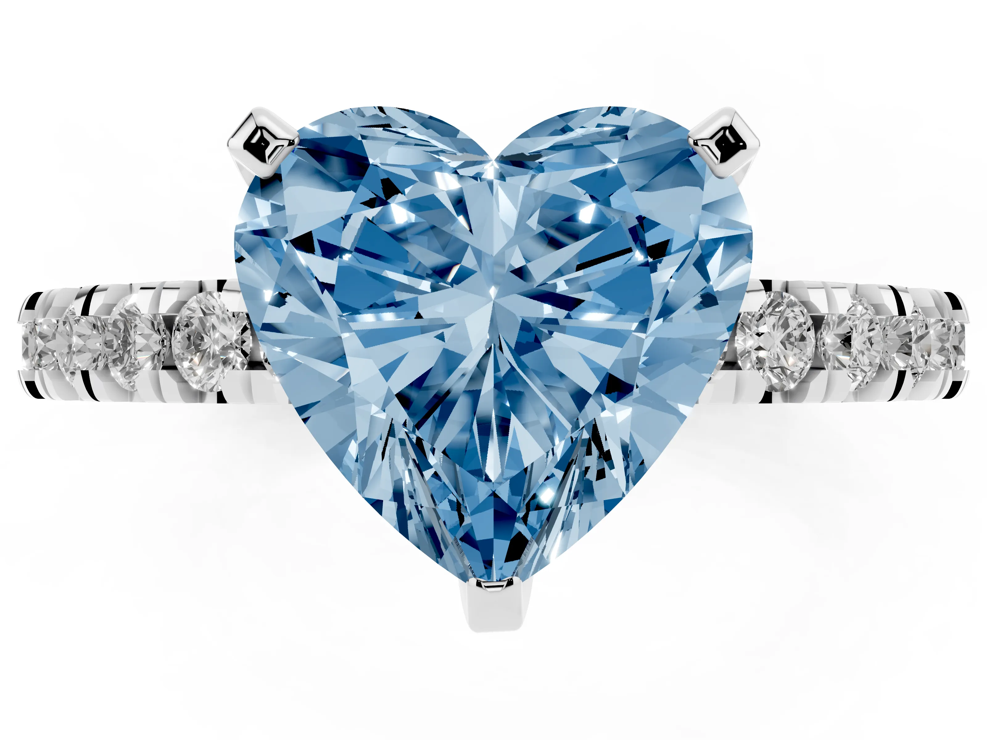Fancy Blue Heart Cut Diamond Pavé Band Solitaire Set in White gold with Prong Setting