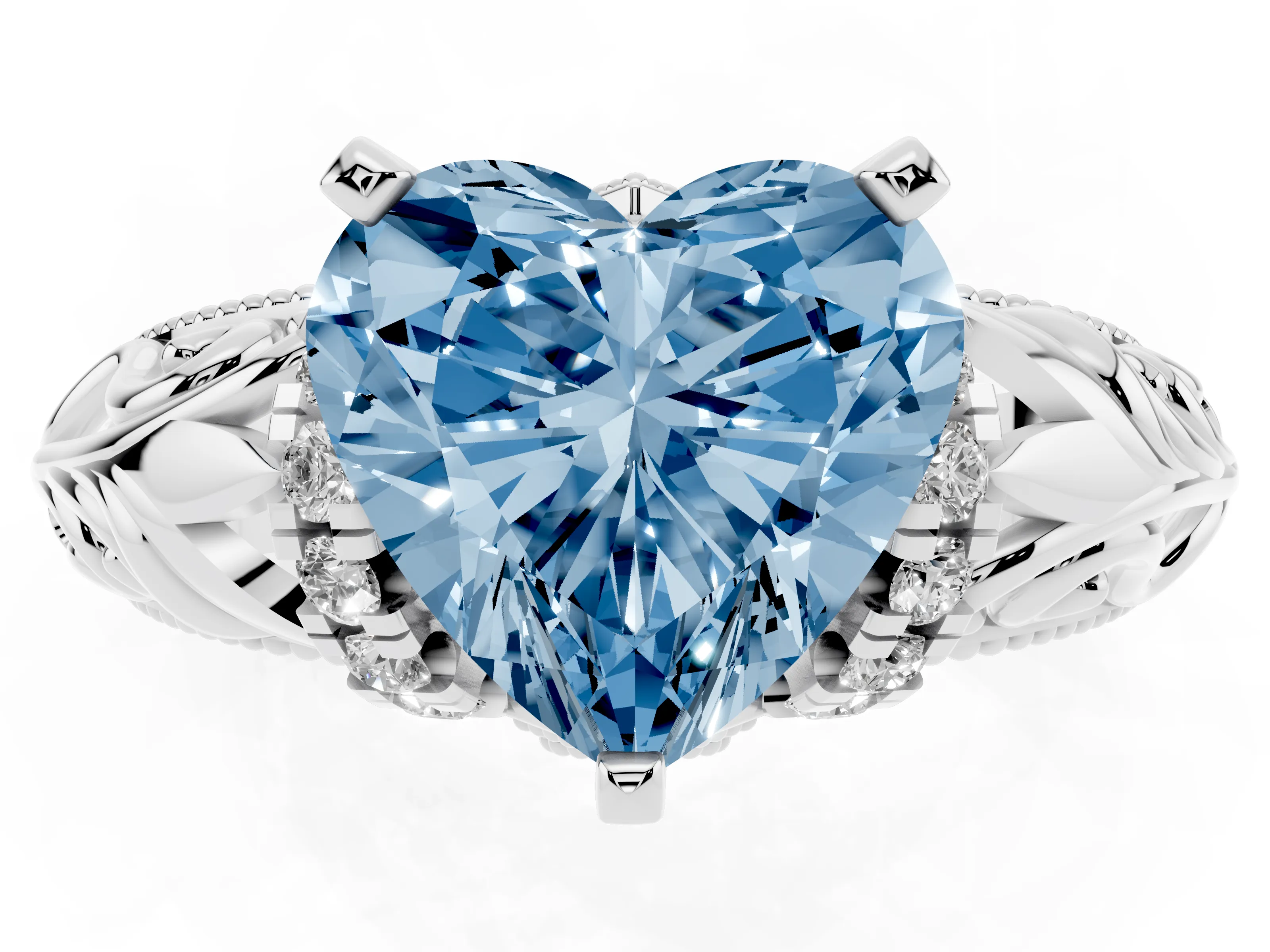 Fancy Blue Heart Cut Diamond Filigree Halo Engagement Ring Set in White gold with Prong Setting