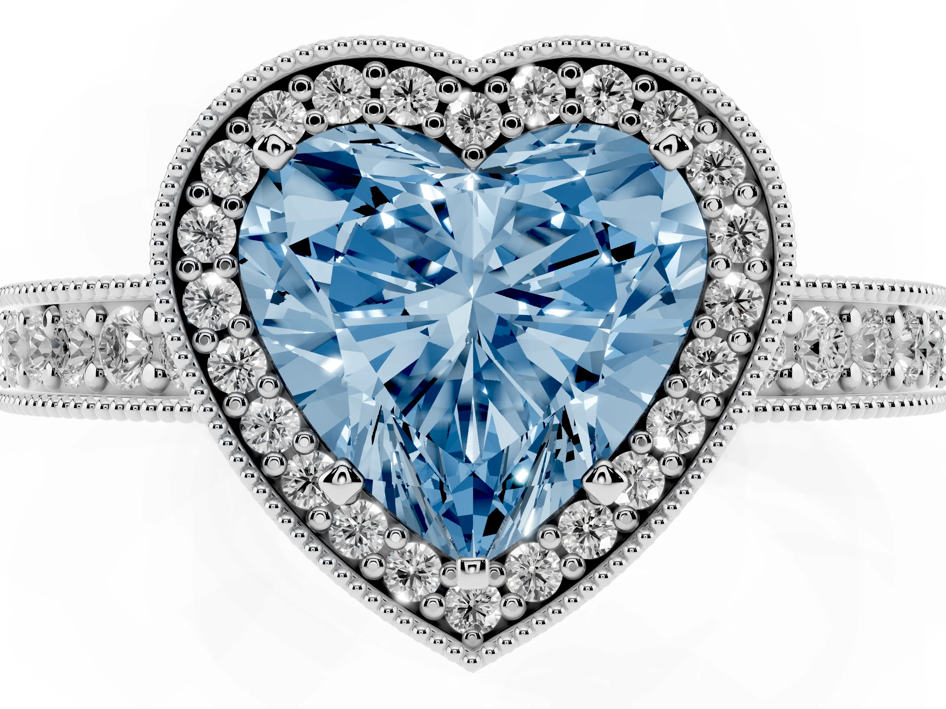 Fancy Blue Heart Cut Diamond Halo Pavé Band Ring Set in Platinum with Prong-Set Center