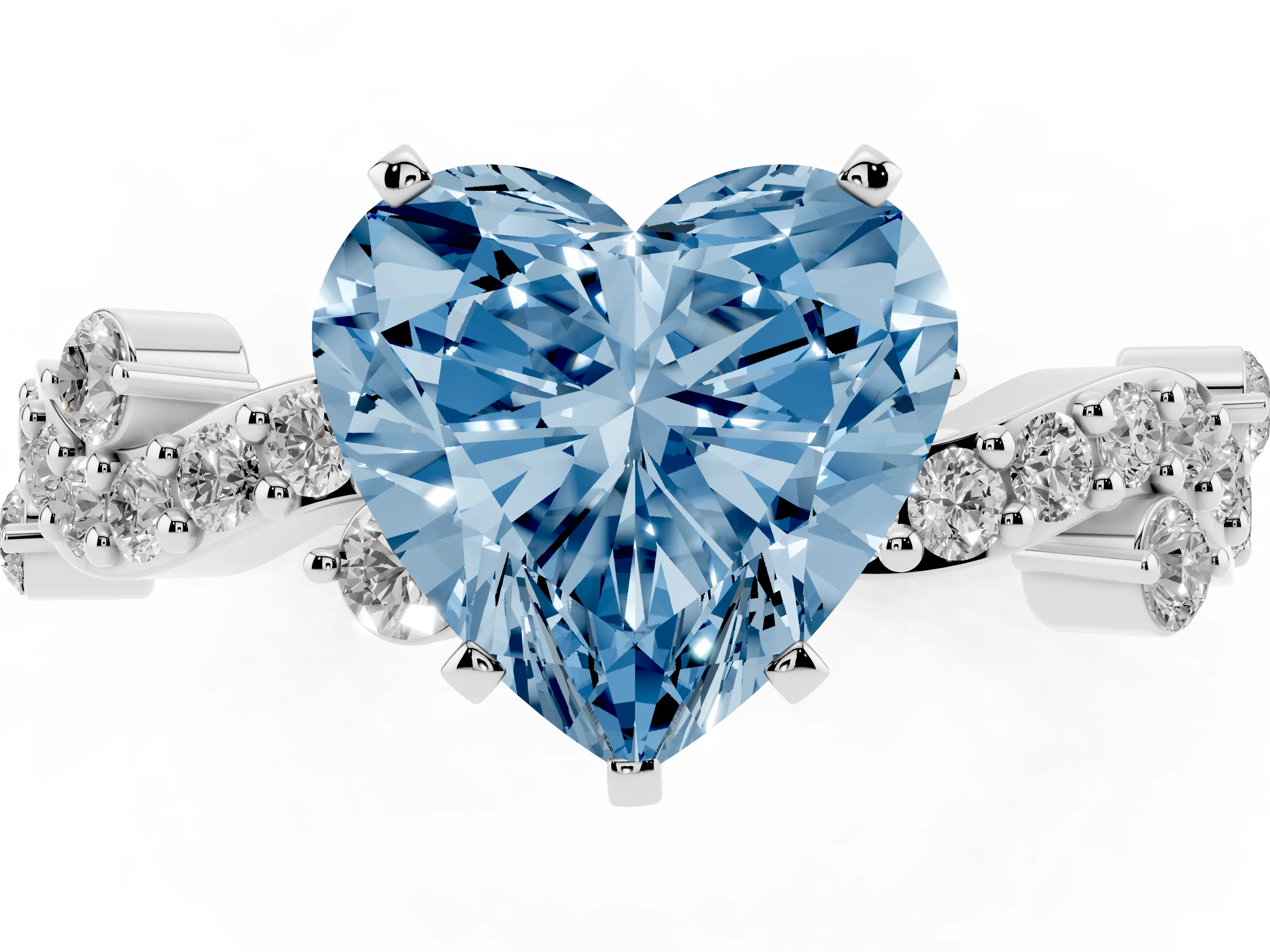 Fancy Blue Heart Cut Diamond Solitaire Twisted Band Set in Silver with Pavé Setting