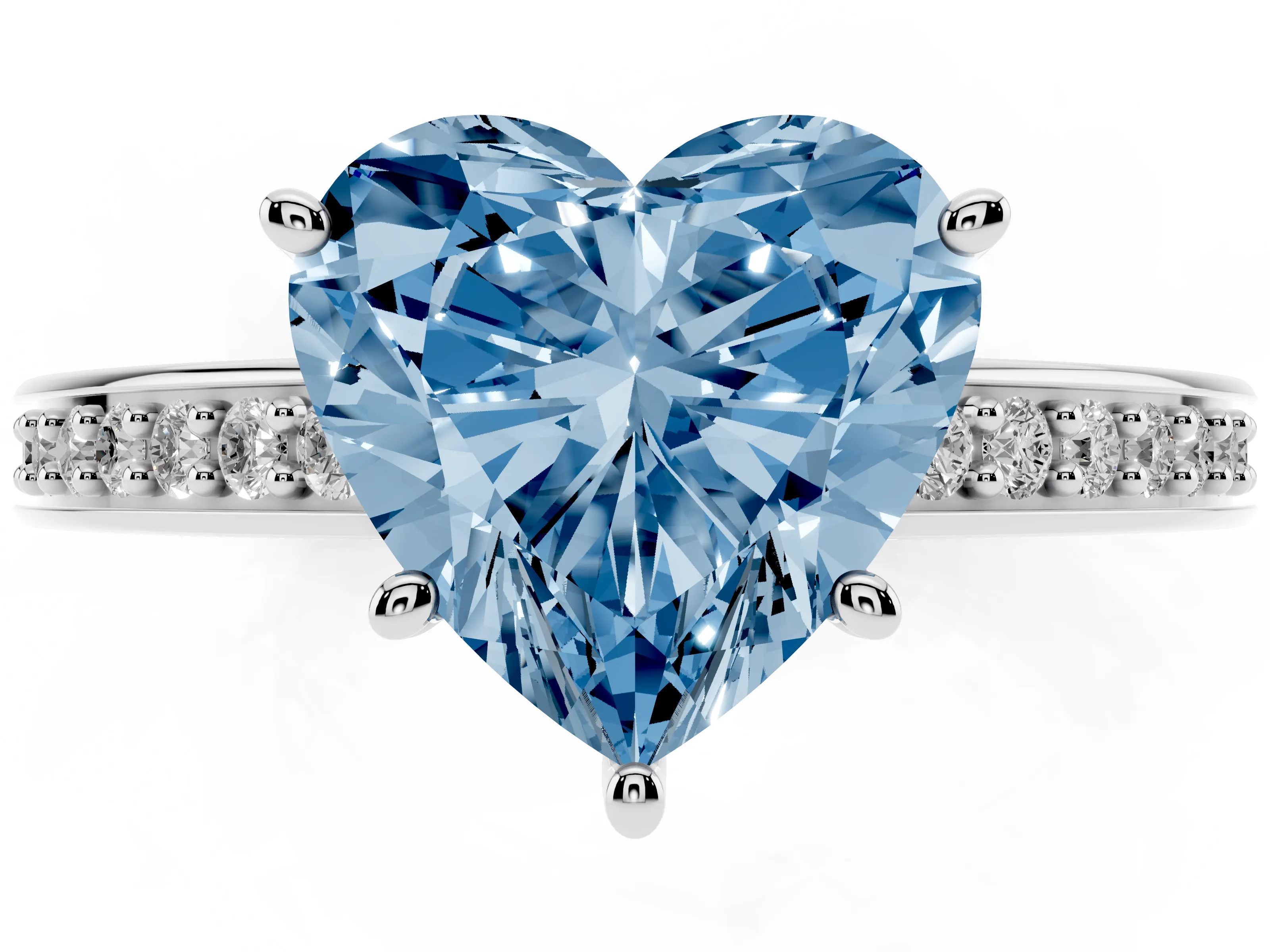 Fancy Blue Heart Cut Diamond Pavé Band Prong Set Solitaire Ring Set in White gold