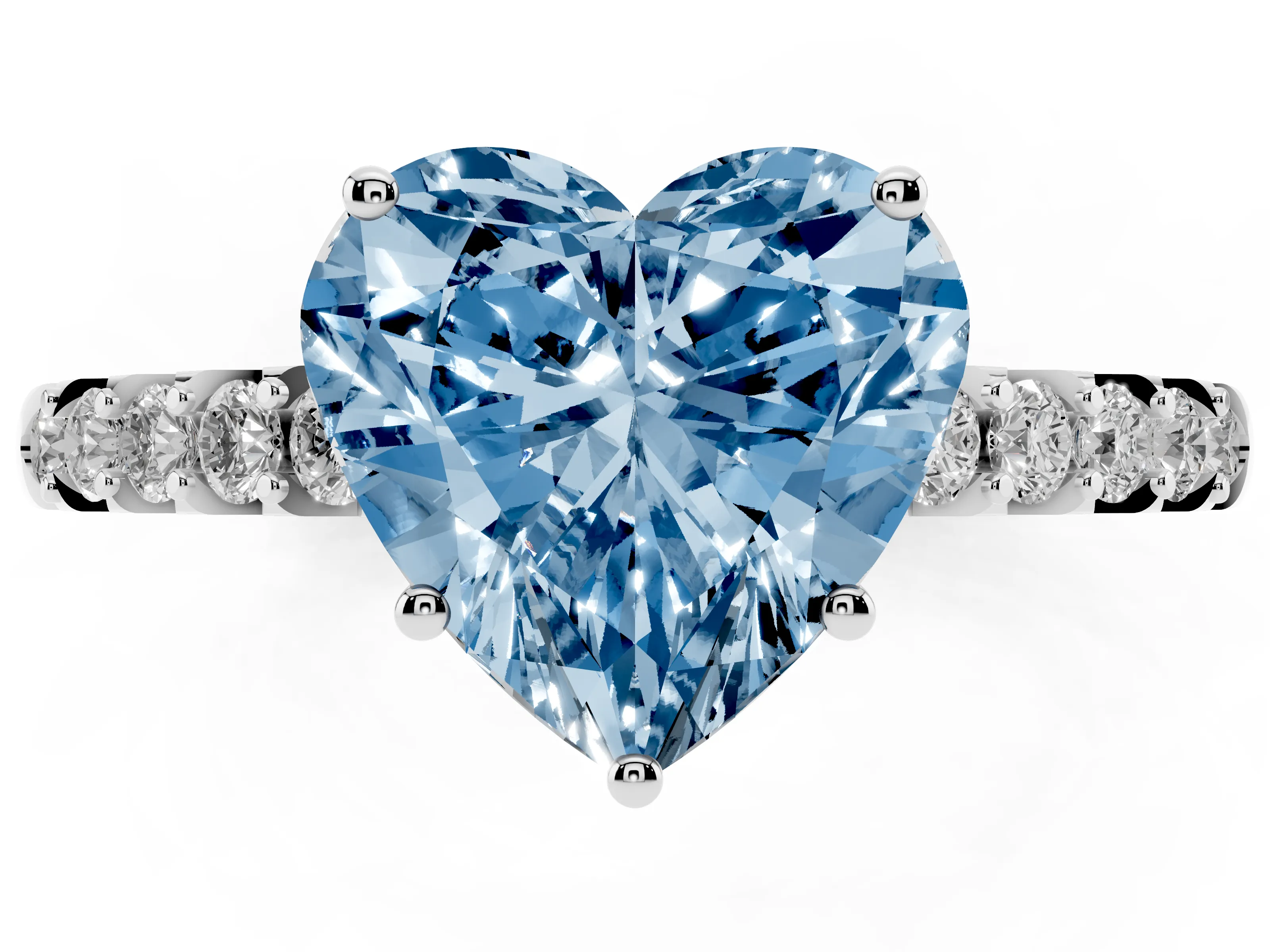 Fancy Blue Heart Cut Diamond Solitaire Engagement Ring Set in White gold with Pavé Band and Prong Setting