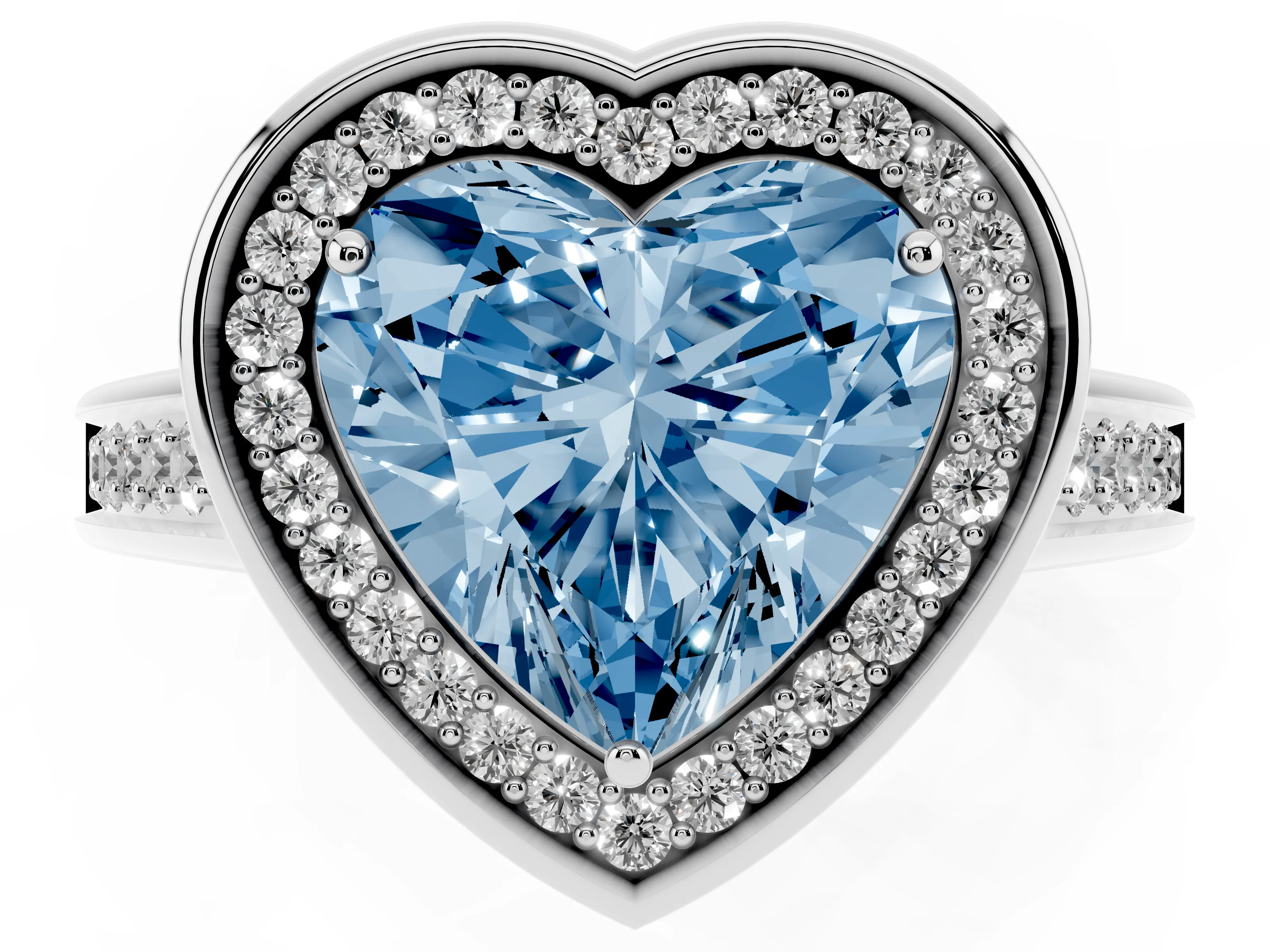 Fancy Blue Heart Cut Diamond Halo Solitaire Ring Set in Platinum with Pavé Band and Bezel Setting
