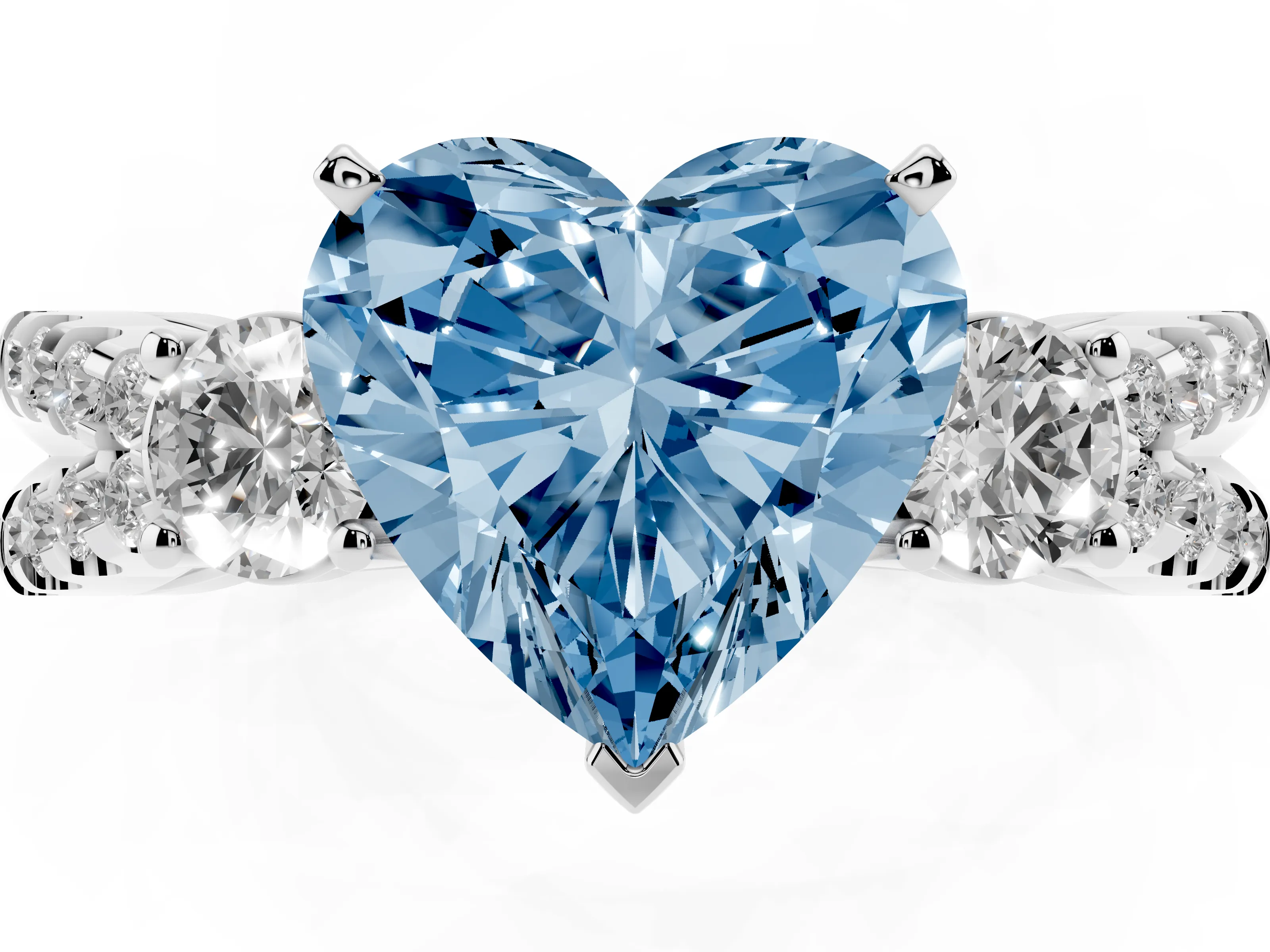 Fancy Blue Heart Cut Diamond Three-Stone Ring Set in White gold with Pavé Split Shank and Prong Setting