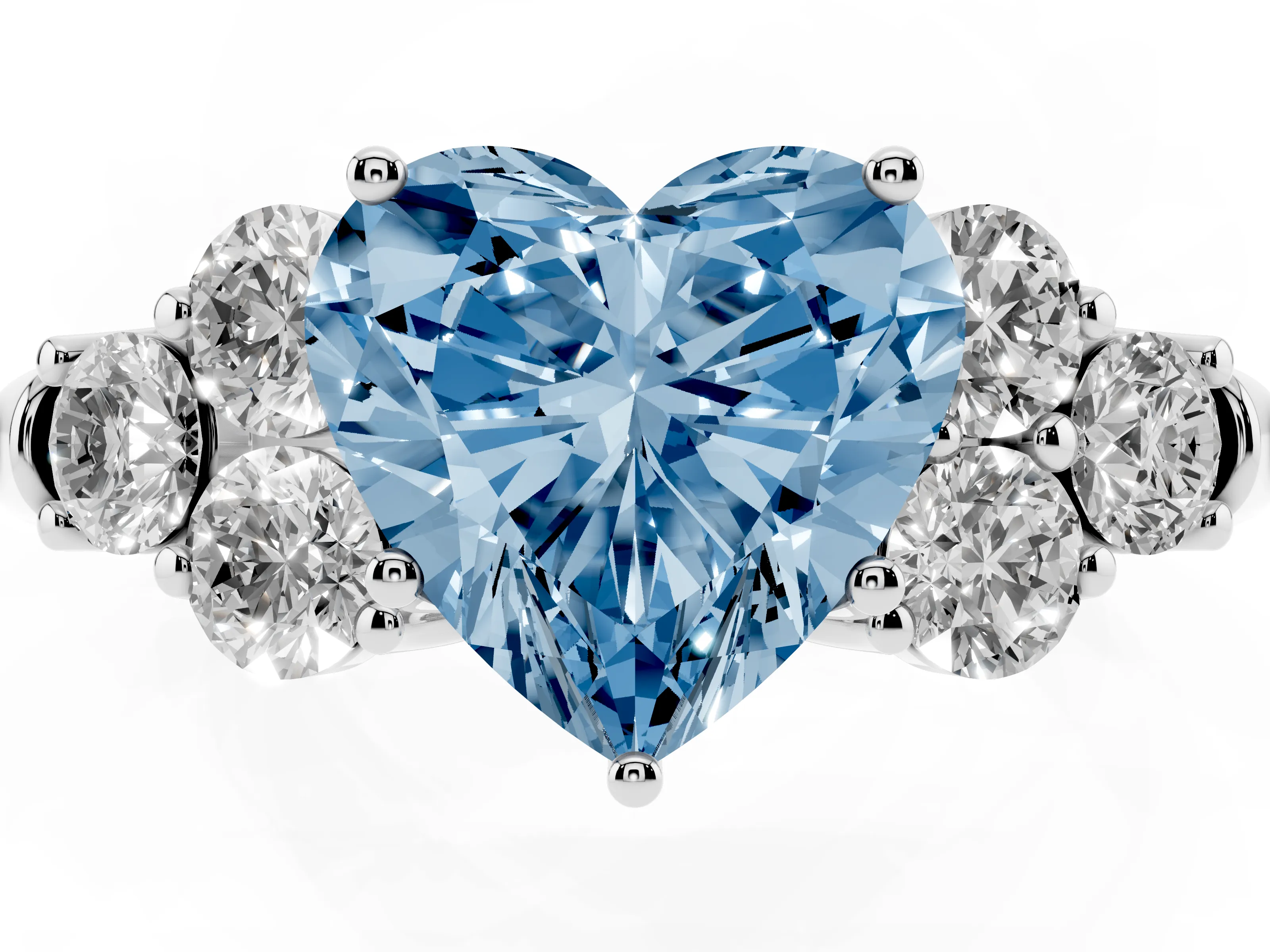 Fancy Blue Heart Cut Diamond Cluster Ring Set in Platinum with Round Accent Stones and Prong Setting on a Plain Band
