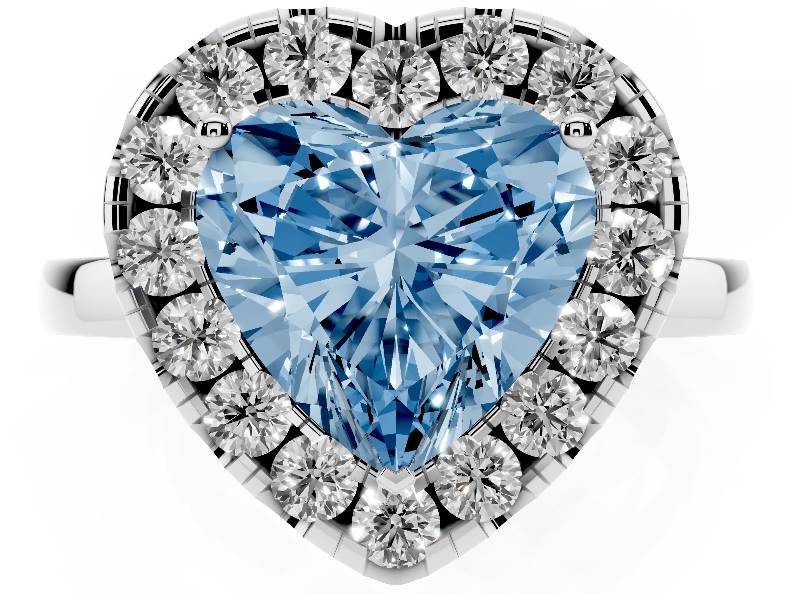 Fancy Blue Heart Cut Diamond Halo Solitaire Ring Set in White gold with Pavé Band and Prong Setting