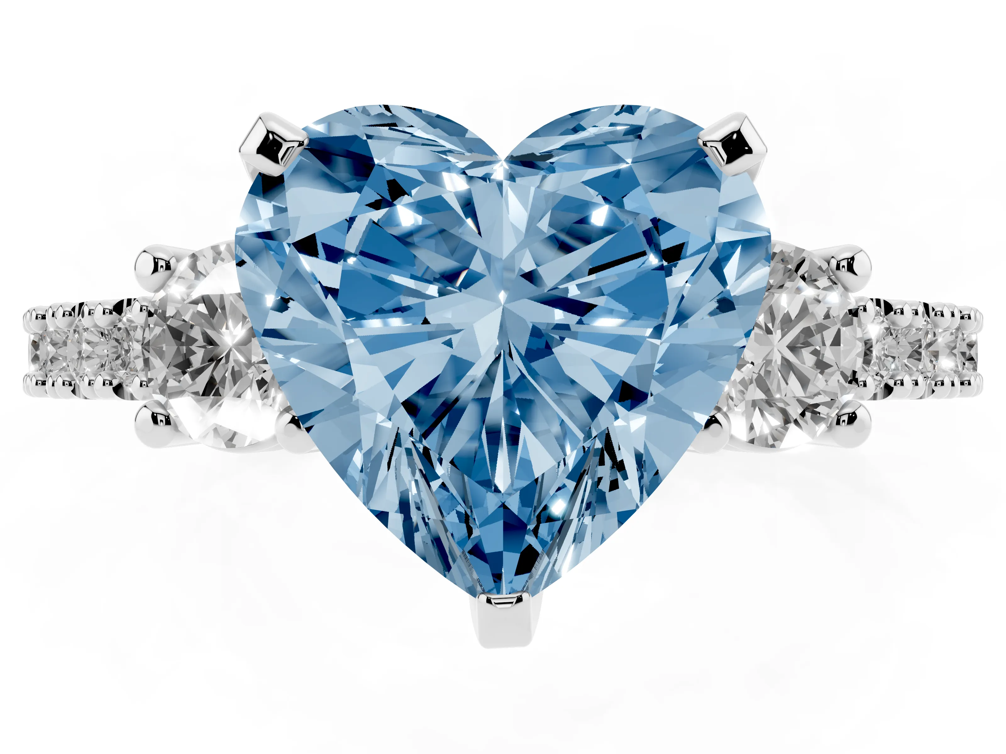 Fancy Blue Three-Stone Heart Cut Diamond Pavé Band Ring Set in Silver with Prong Setting