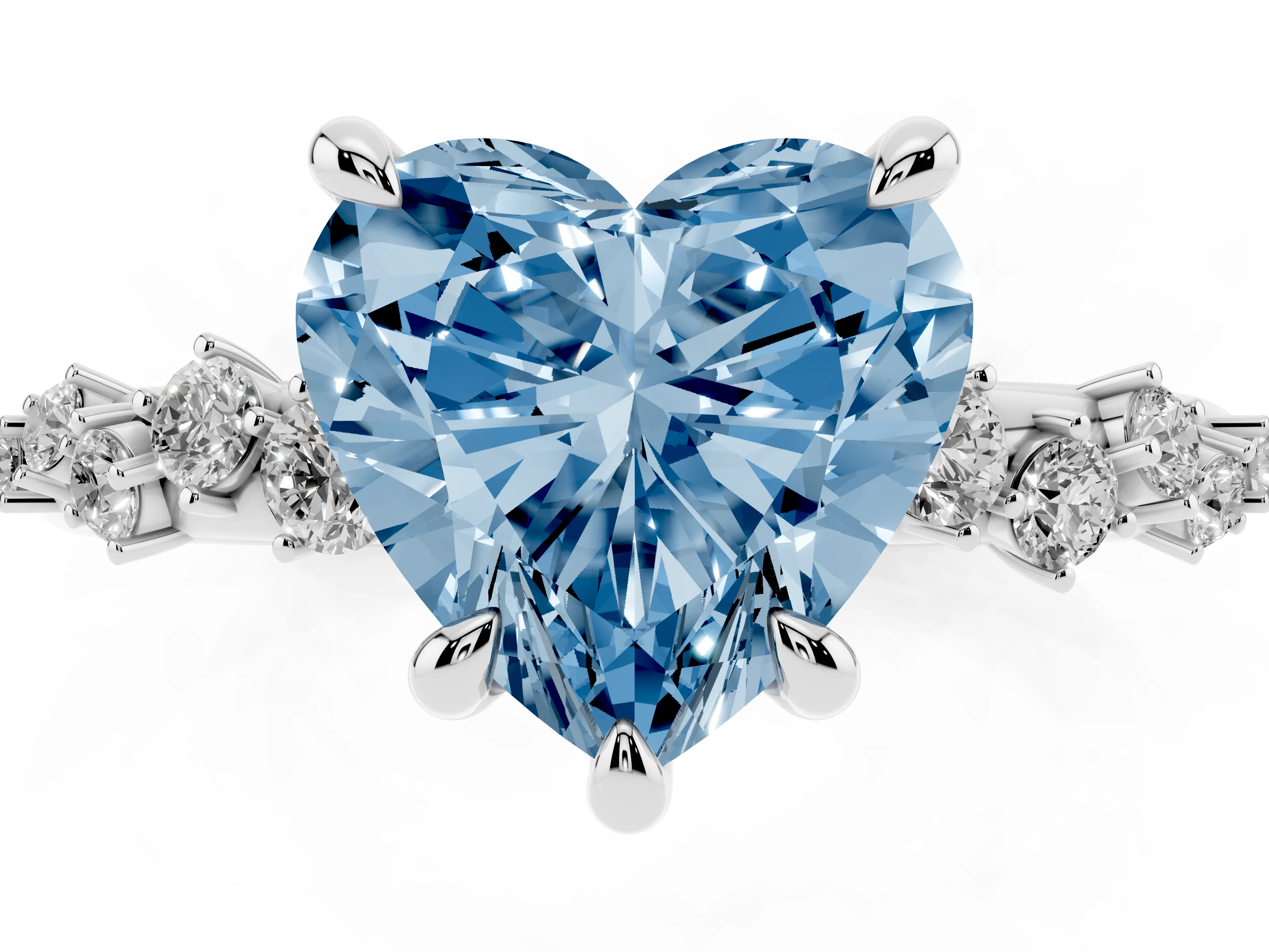 Fancy Blue Heart Cut Diamond Solitaire Vine Band Ring Set in Platinum with Round Accents and Prong Setting