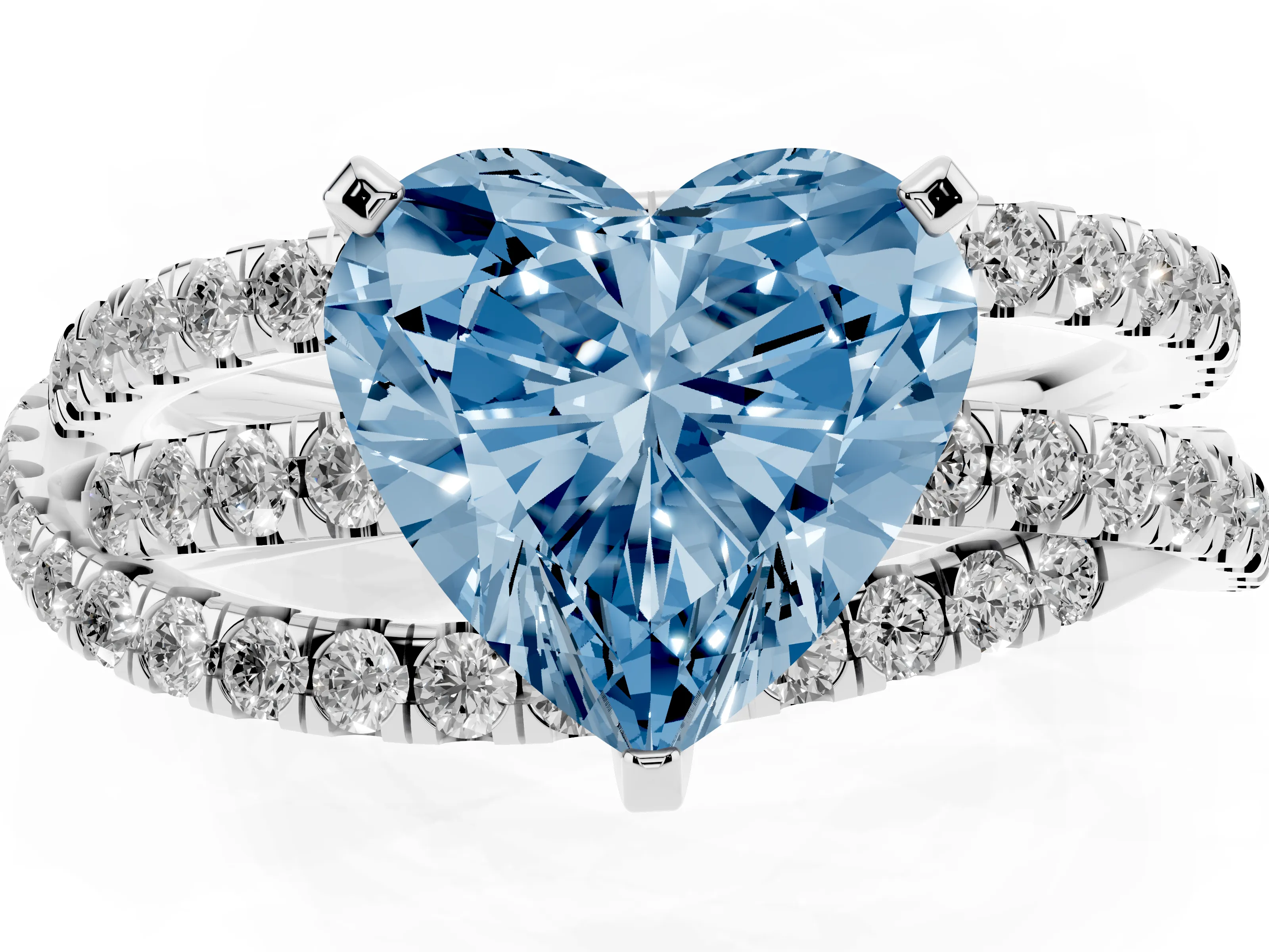 Fancy Blue Heart Cut Diamond Solitaire Twist Band Ring Set in Silver with Pavé Setting and Prong Head