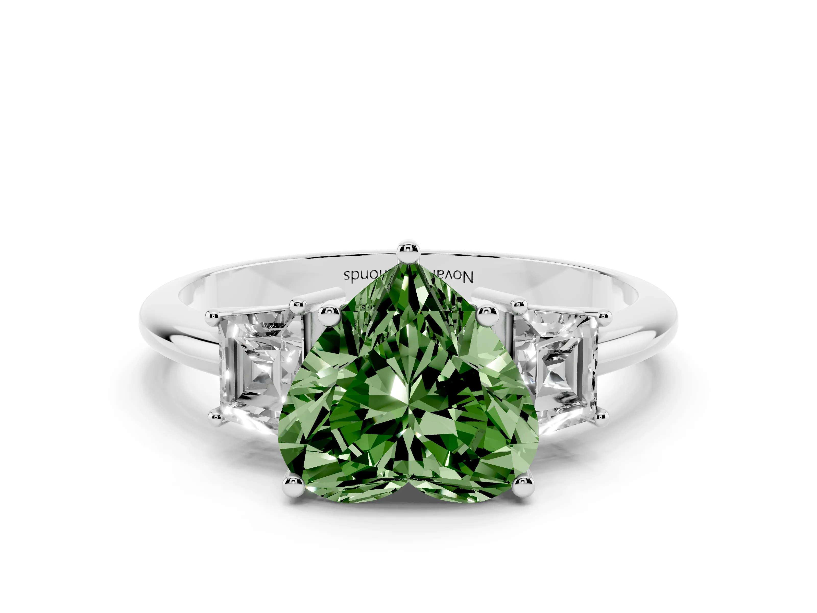 Fancy Green Heart Cut Diamond Three-Stone Ring Set in Silver with Trapezoid Side Stones and Prong Setting