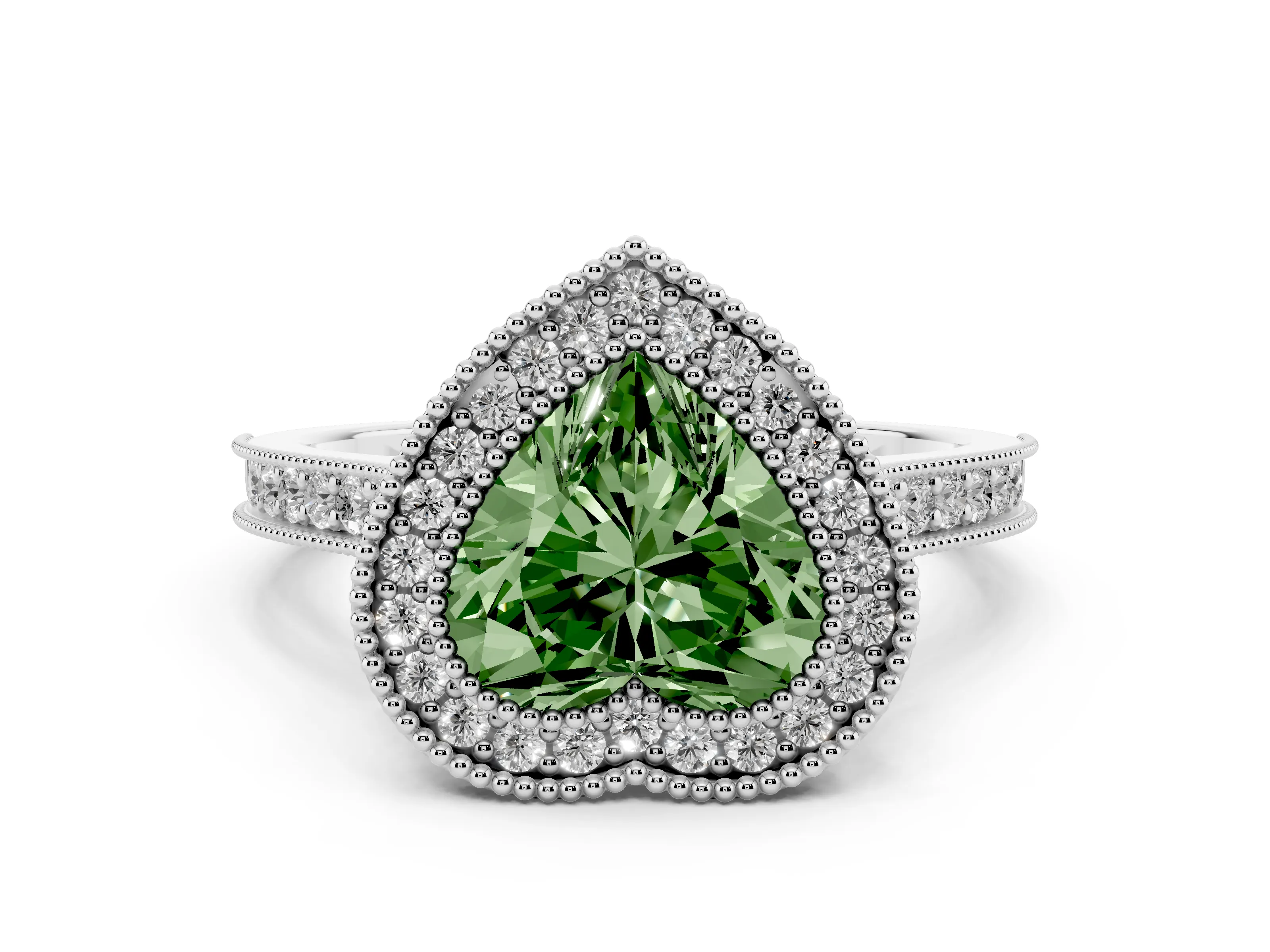 Fancy Green Heart Cut Diamond Halo Milgrain Pavé Band Ring Set in Platinum with Prong Setting