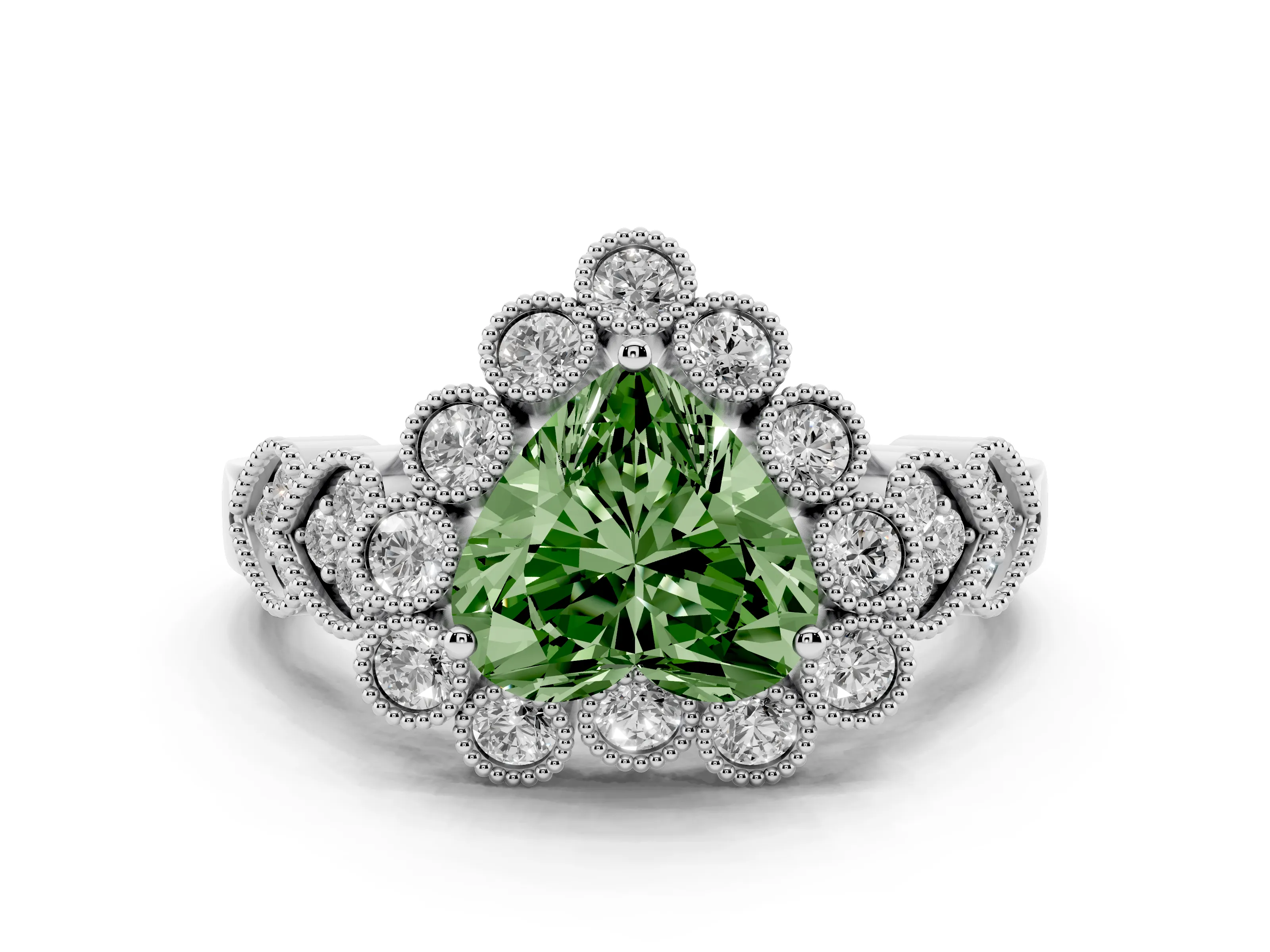 Fancy Green Heart Cut Diamond Solitaire Ring Set in Platinum with Milgrain Pavé Heart Band