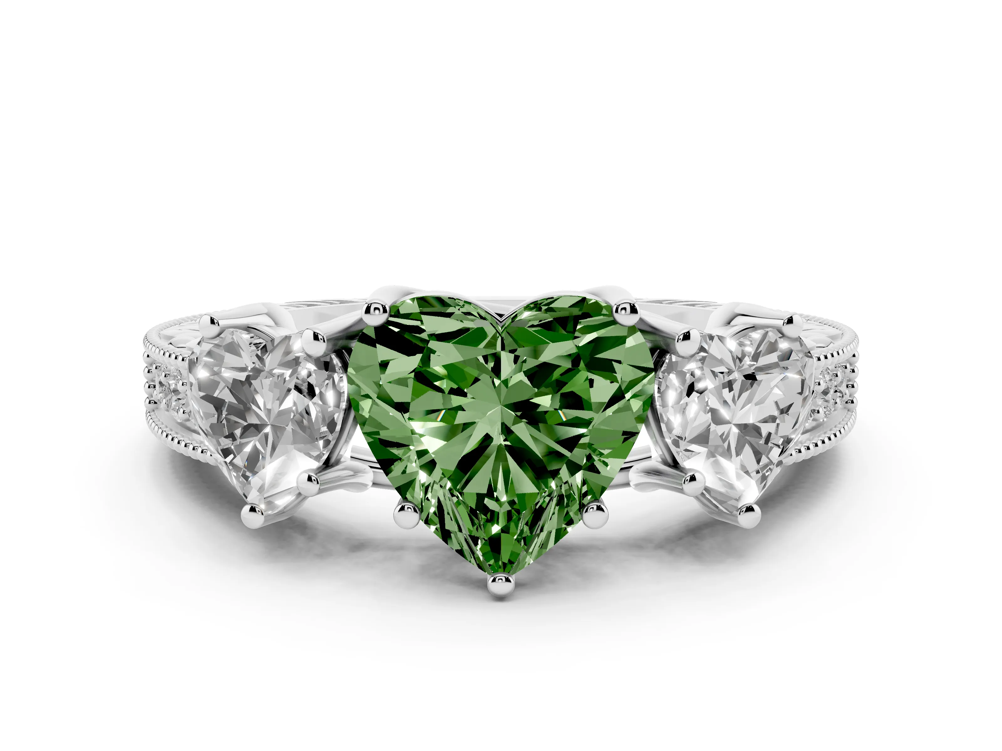 Fancy Green Heart Cut Diamond Three-Stone Engagement Ring Set in Silver with Milgrain Pavé Band