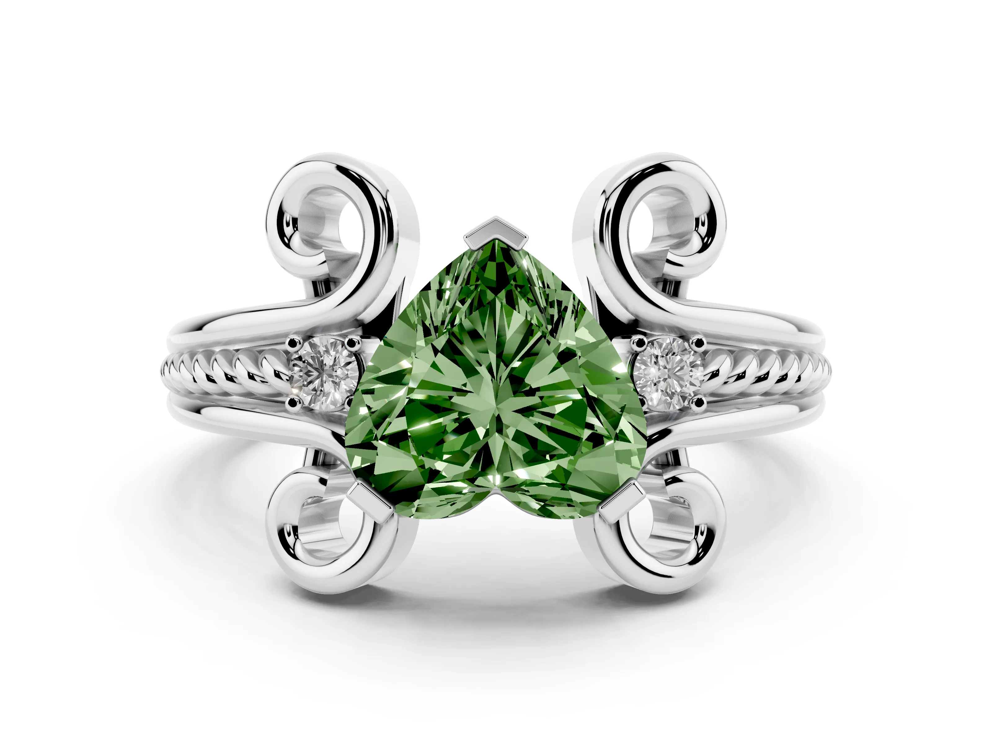 Fancy Green Heart Cut Diamond Twisted Band Solitaire Ring Set in Platinum with Scroll Prongs