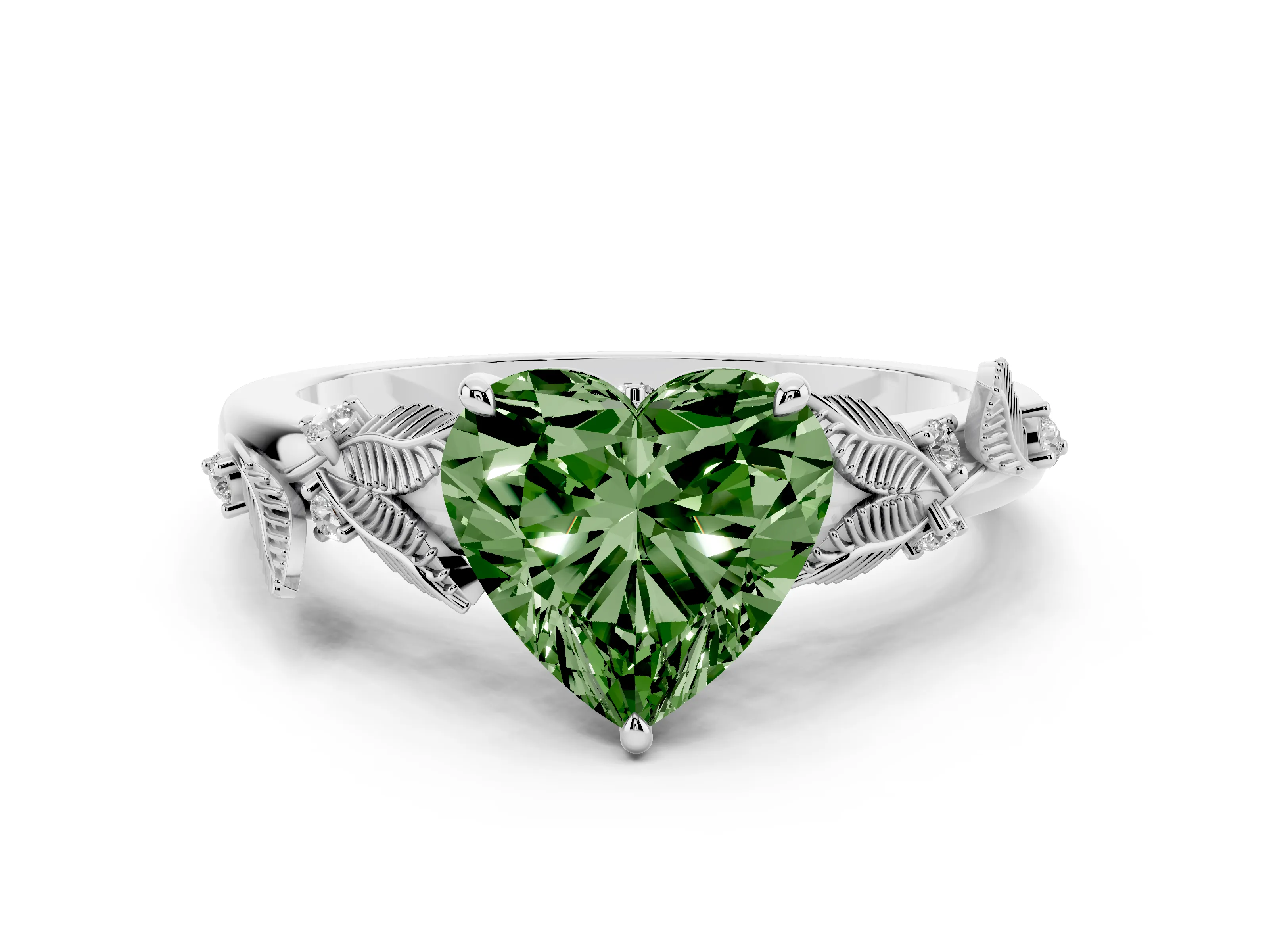 Fancy Green Heart Cut Diamond Solitaire Ring Set in Silver with Leaf Motif Band