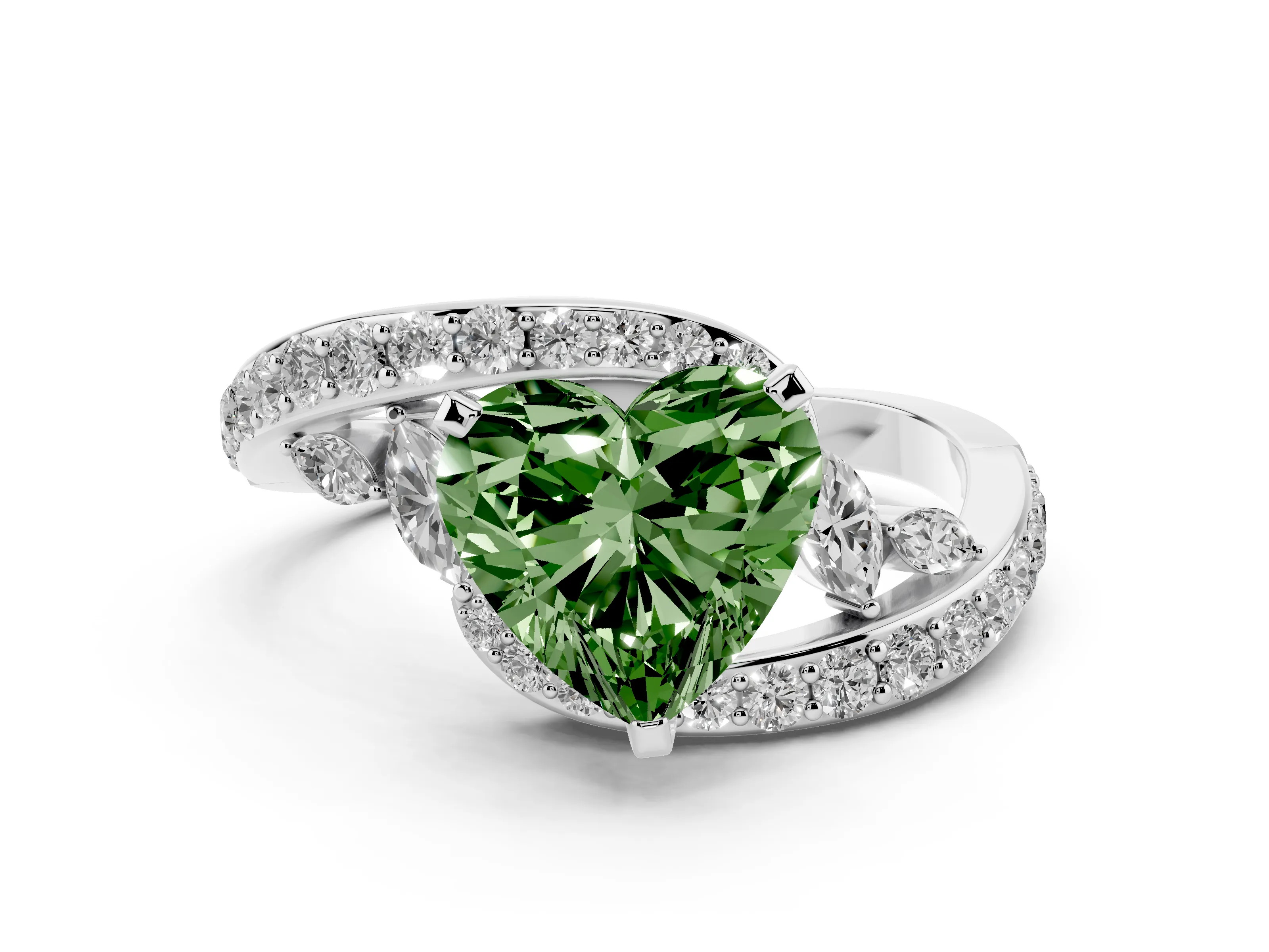 Fancy Green Heart Cut Diamond Solitaire Ring Set in Silver with Pavé Twist Band and Secure Prong Setting