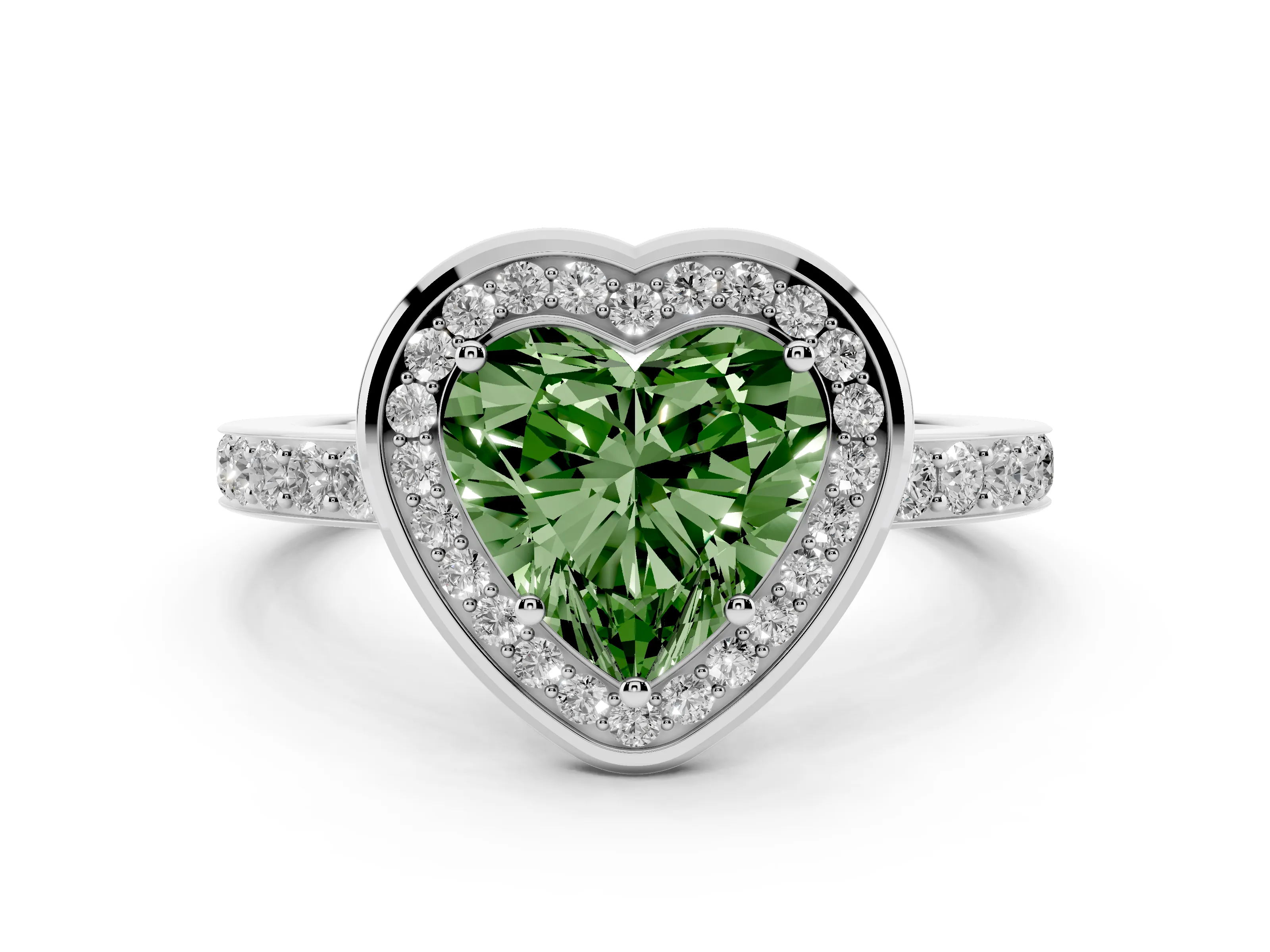 Fancy Green Heart Cut Diamond Halo Ring Set in White gold with Bezel Frame and Pavé Band
